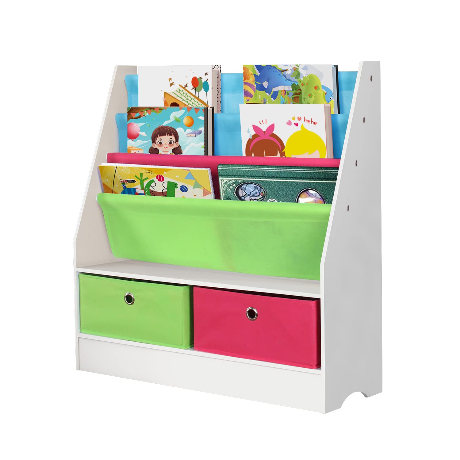 Lineok Kids Bookshelf with Toy Organizers - Non-Woven Fabric Bookcase with 2 Storage Bins for Bedroom, Nursery & Playroom - Perfect for Organizing Children's Books, Toys & Room Decor