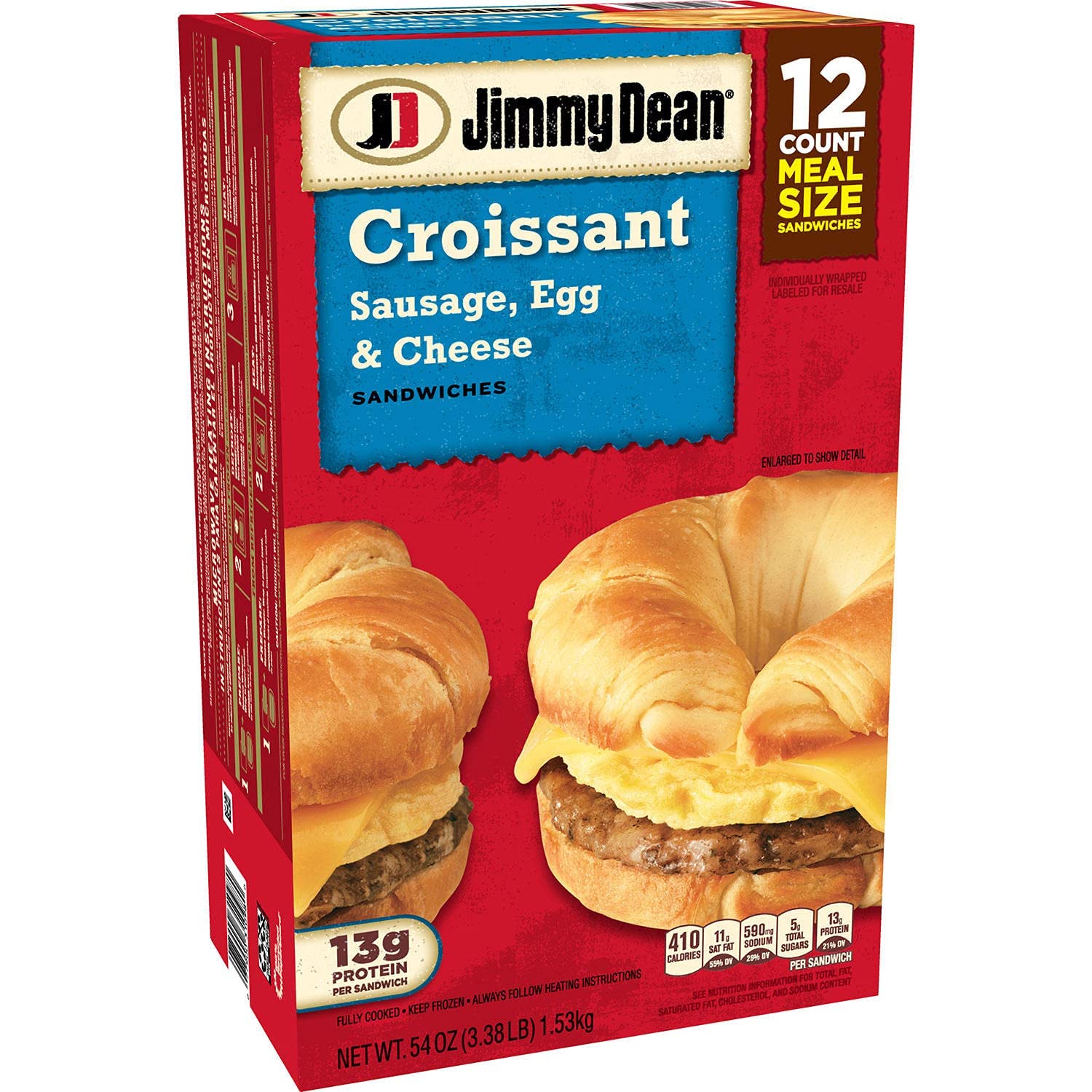 Jimmy Dean Sausage Egg & Cheese Croissant Breakfast Sandwiches - 3 Pack (36 Frozen Sandwiches) | Quick Microwaveable Meal for Busy Mornings, Office Lunch or Road Trips