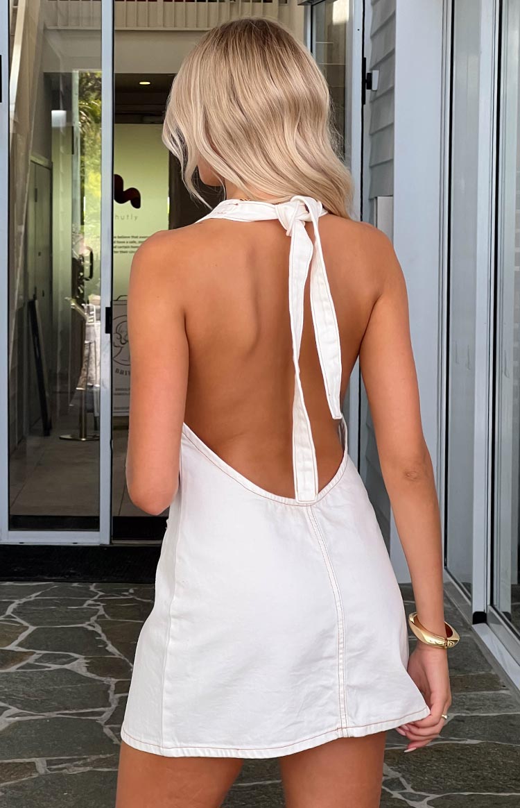 Corbin White Denim Halter Neck Mini Dress for Women - Sexy Summer Party Outfit, Beach Vacation Dress, Clubwear & Date Night Fashion