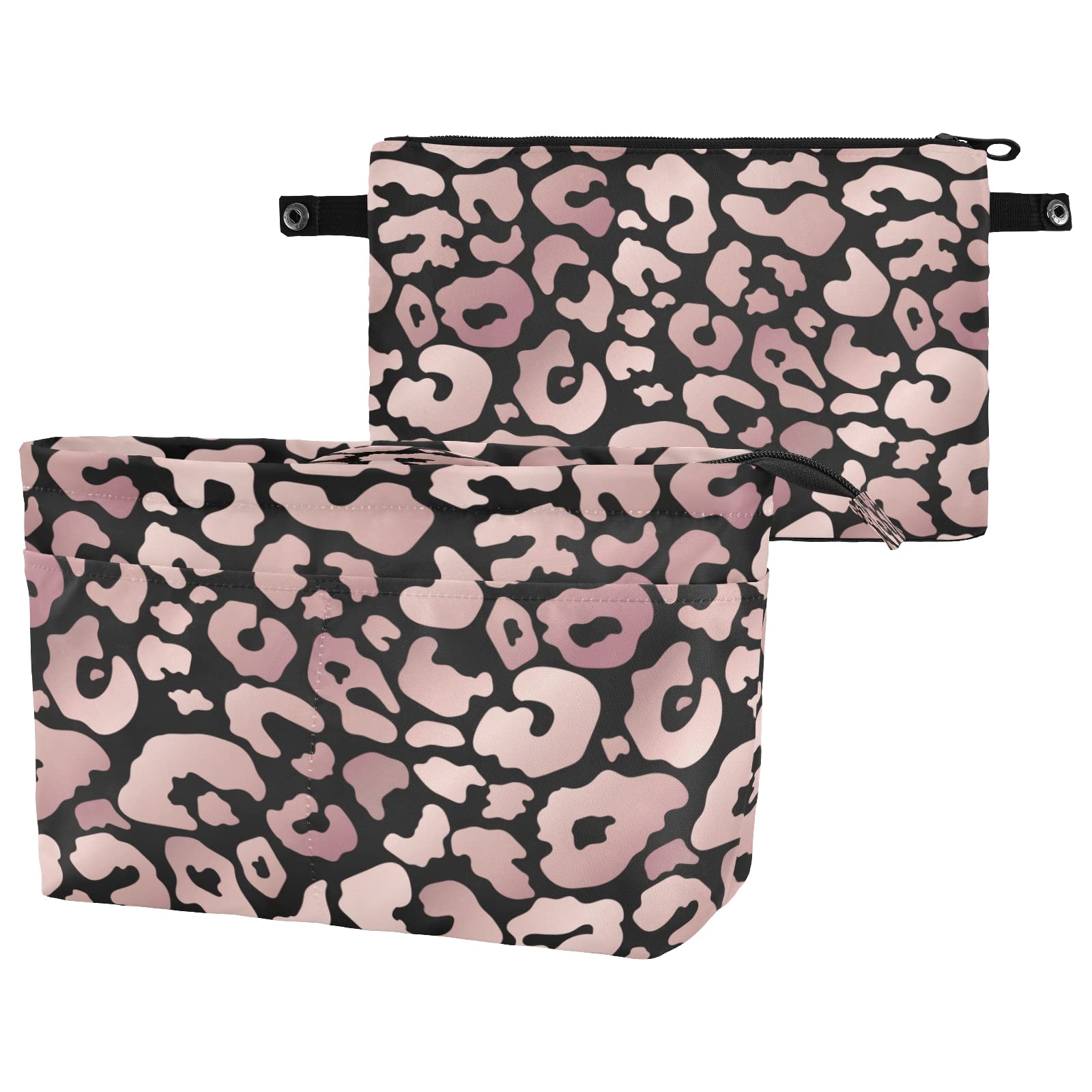 MNSRUU Purse Organizer Insert for Handbags - Black Rose Gold Leopard Print Tote Organizer with Handle, Zipper Closure & Multi-Pocket Design | Perfect for Travel, Work & Everyday Use (Small Size)