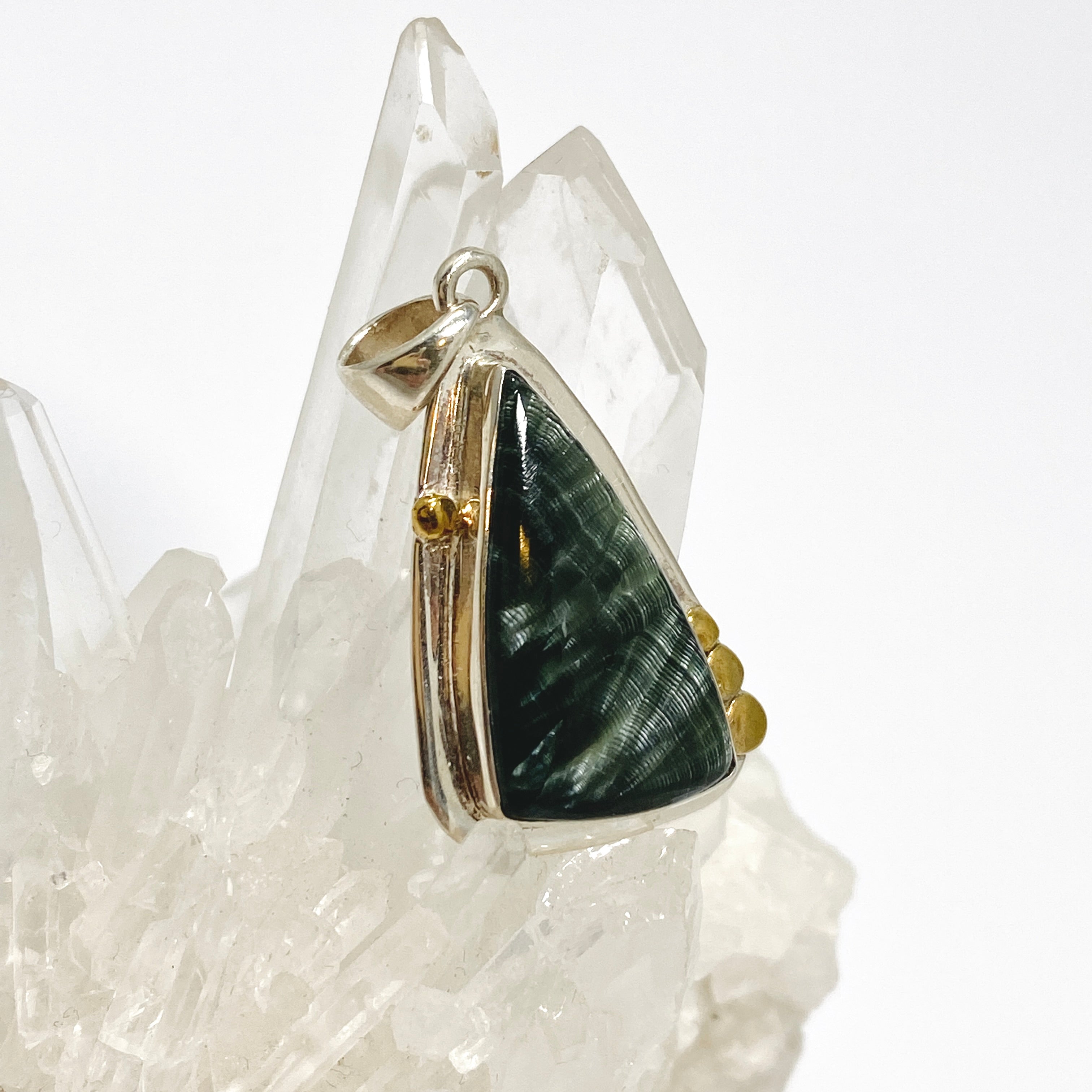 Seraphinite Freeform Cabochon Pendant - Handmade Silver Jewelry with Decorative Setting KPGJ4846 | Perfect for Spiritual Healing, Meditation & Unique Gift Giving