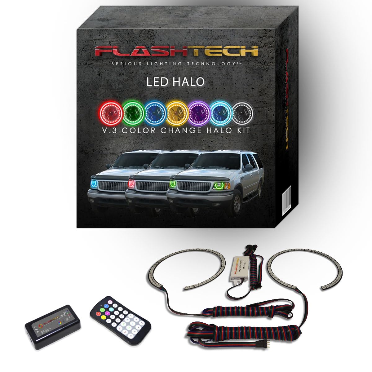 Flashtech LED RGB Multi-Color Halo Ring Headlight Kit with ColorFuse RF Remote - Compatible with Ford Expedition 1997-2002 | Upgrade Car Lighting for Night Driving & Custom Styling