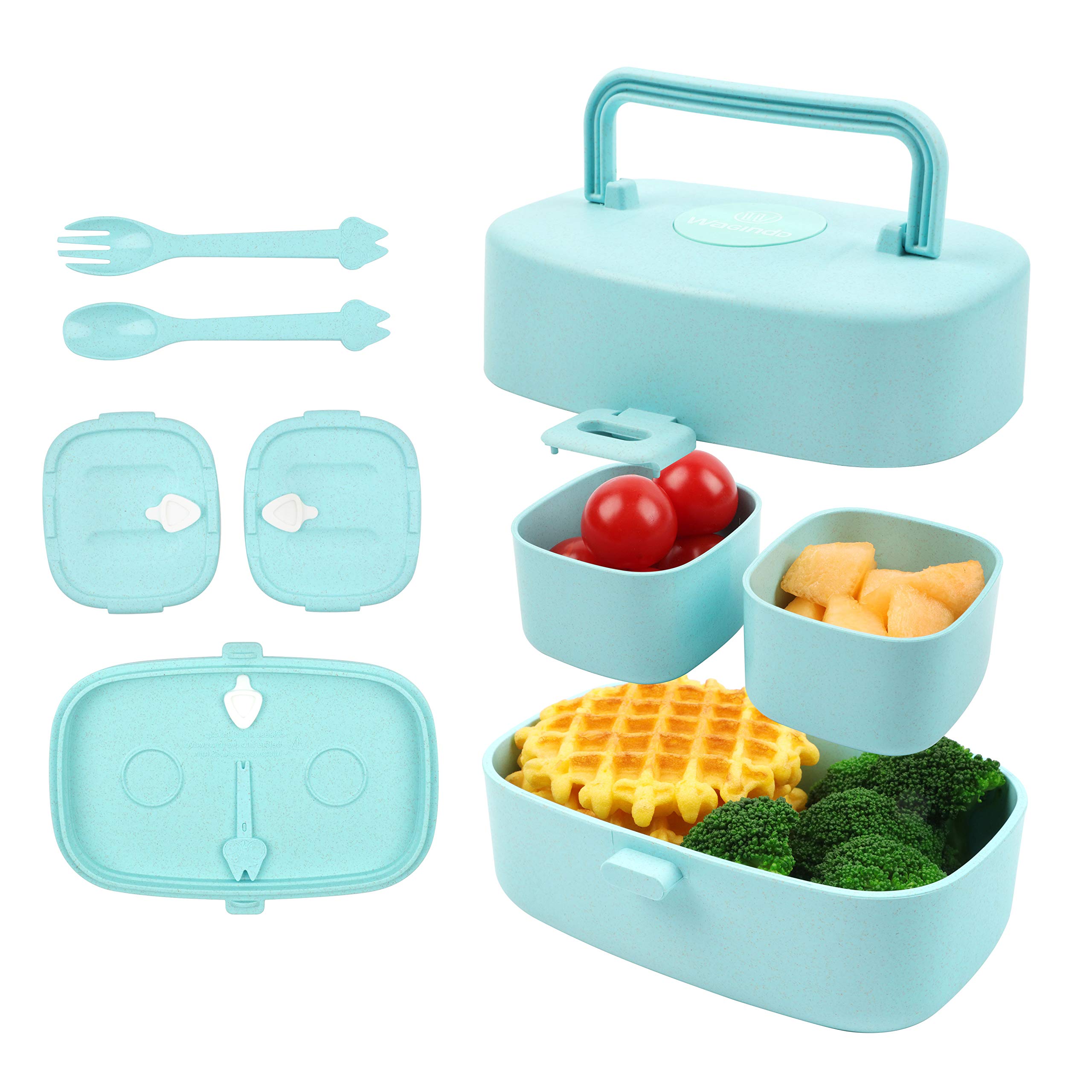 Wagindd Kids Bento Box - Leak-Proof Stackable Japanese Lunch Box with 3 Compartments, Eco-Friendly Wheat Straw Material, Perfect for School Lunch, Picnics & Meal Prep (Blue)