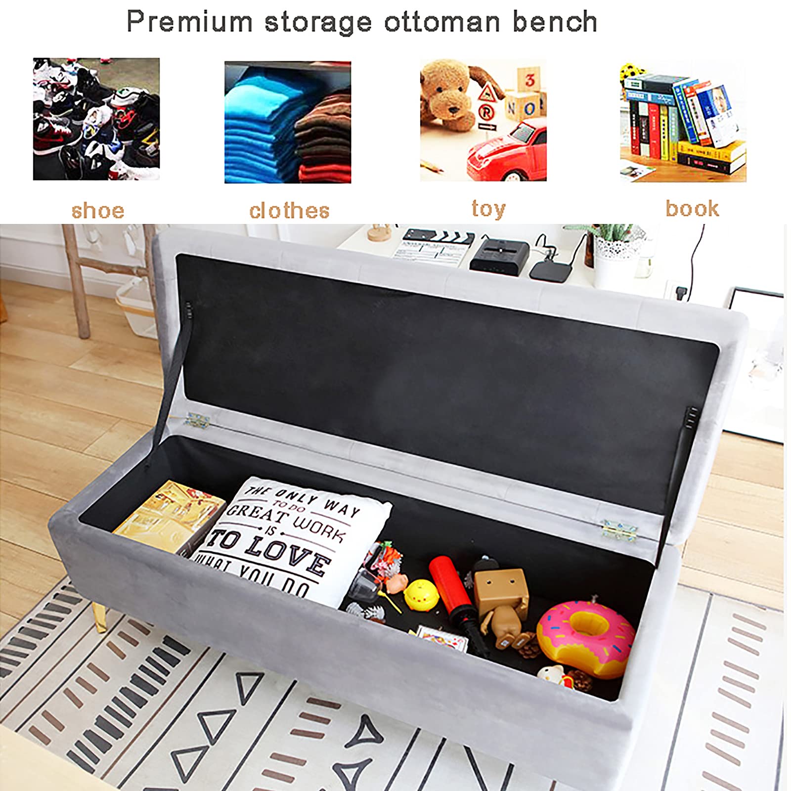 Luxury Velvet Upholstered Storage Ottoman Bench with Crystal Buttons - Navy Blue 60x42x45cm (24x17x18in) - Multi-Functional Footrest, Bedroom Bench, Entryway Shoe Storage & Living Room Decor