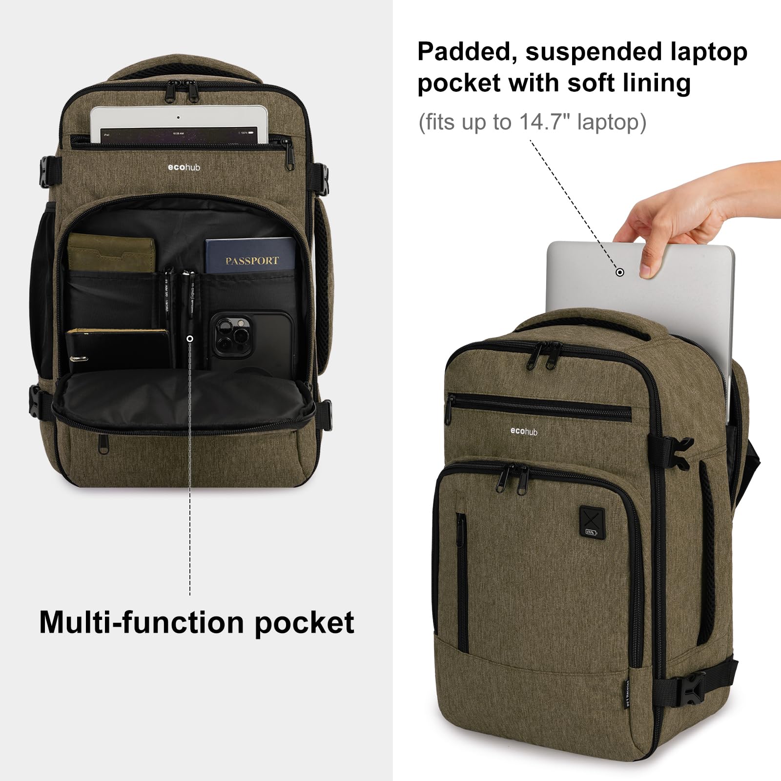 ECOHUB 16 Inch Laptop Backpack for Women & Men - Water Resistant Brown College School Backpack for Travel, Work & Daily Commute