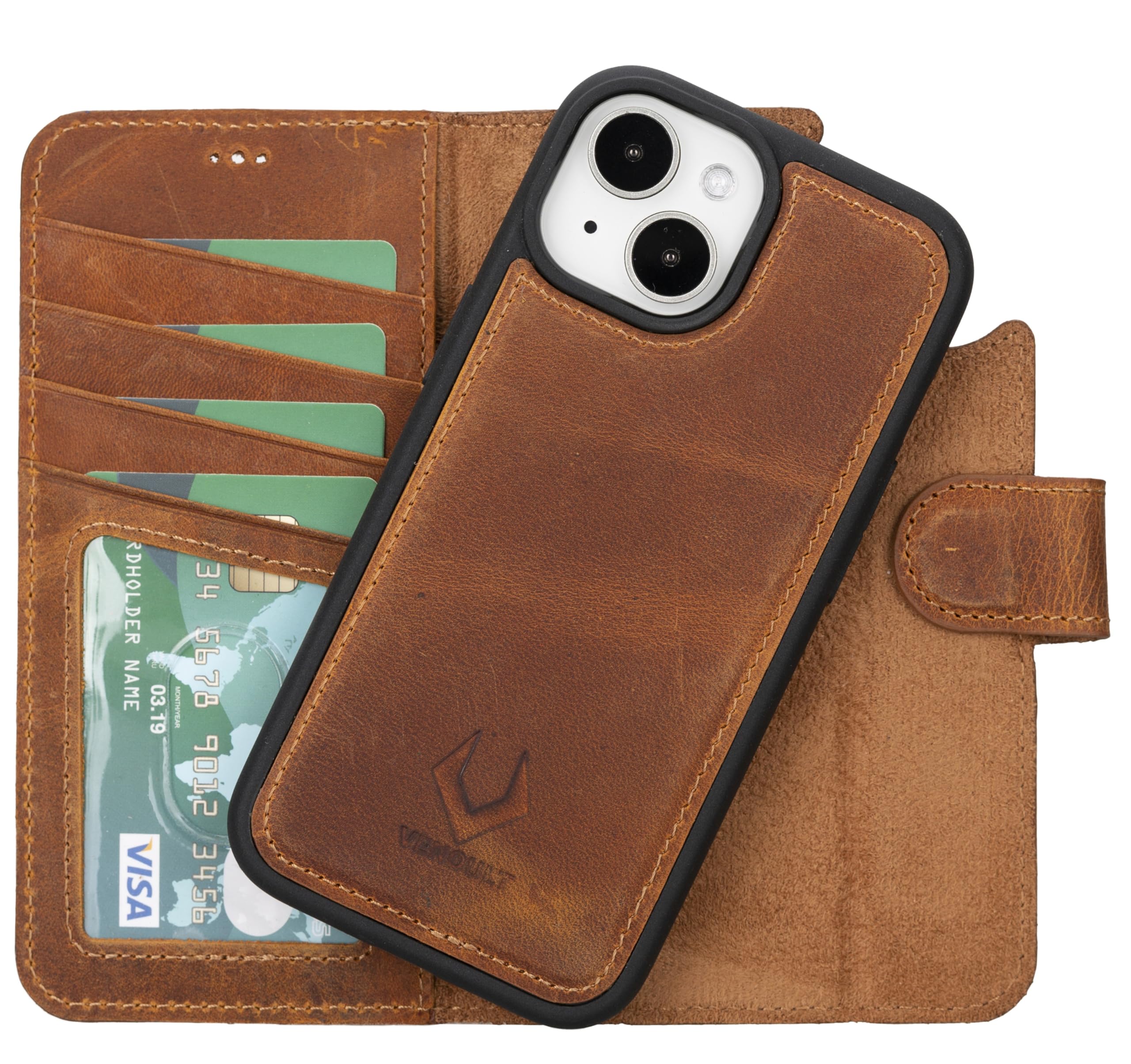 VENOULT Magnetic Wallet Case for iPhone 13/14/15 Pro MAX & Plus - Slim RFID Blocking Leather Card Holder with Magsafe Compatibility (Almond Brown, 6.1