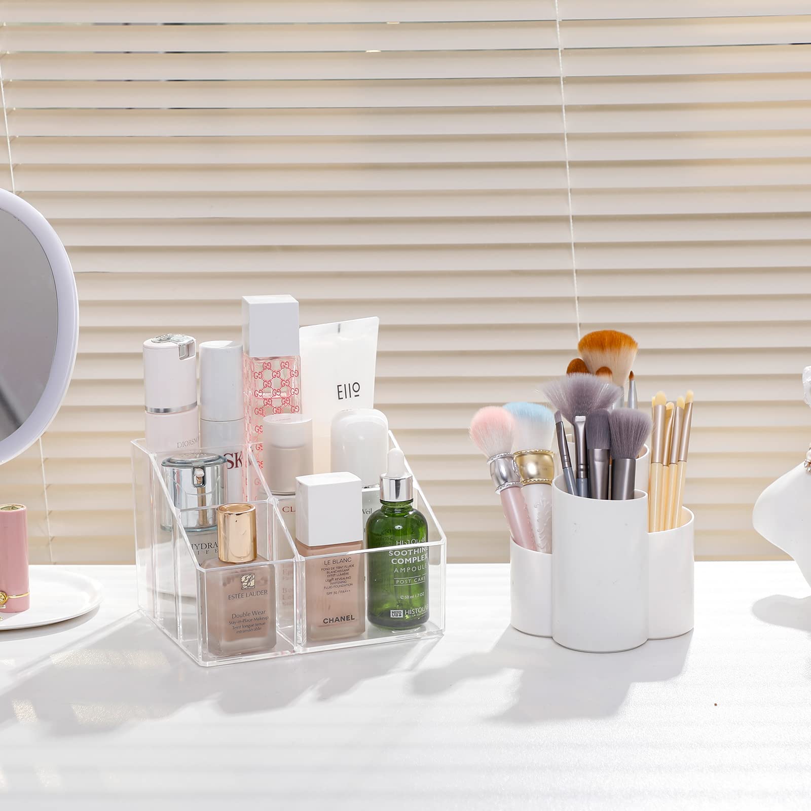 Clear Makeup Organizer with 5 Compartments - Bathroom & Vanity Storage for Cosmetics, Brushes & Accessories