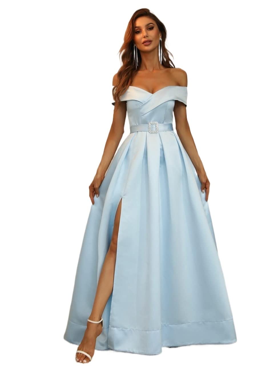 Elegant Off Shoulder Boxy Pleated Split Thigh Prom Dress for Women - Perfect for Evening Parties, Prom Night & Special Occasions