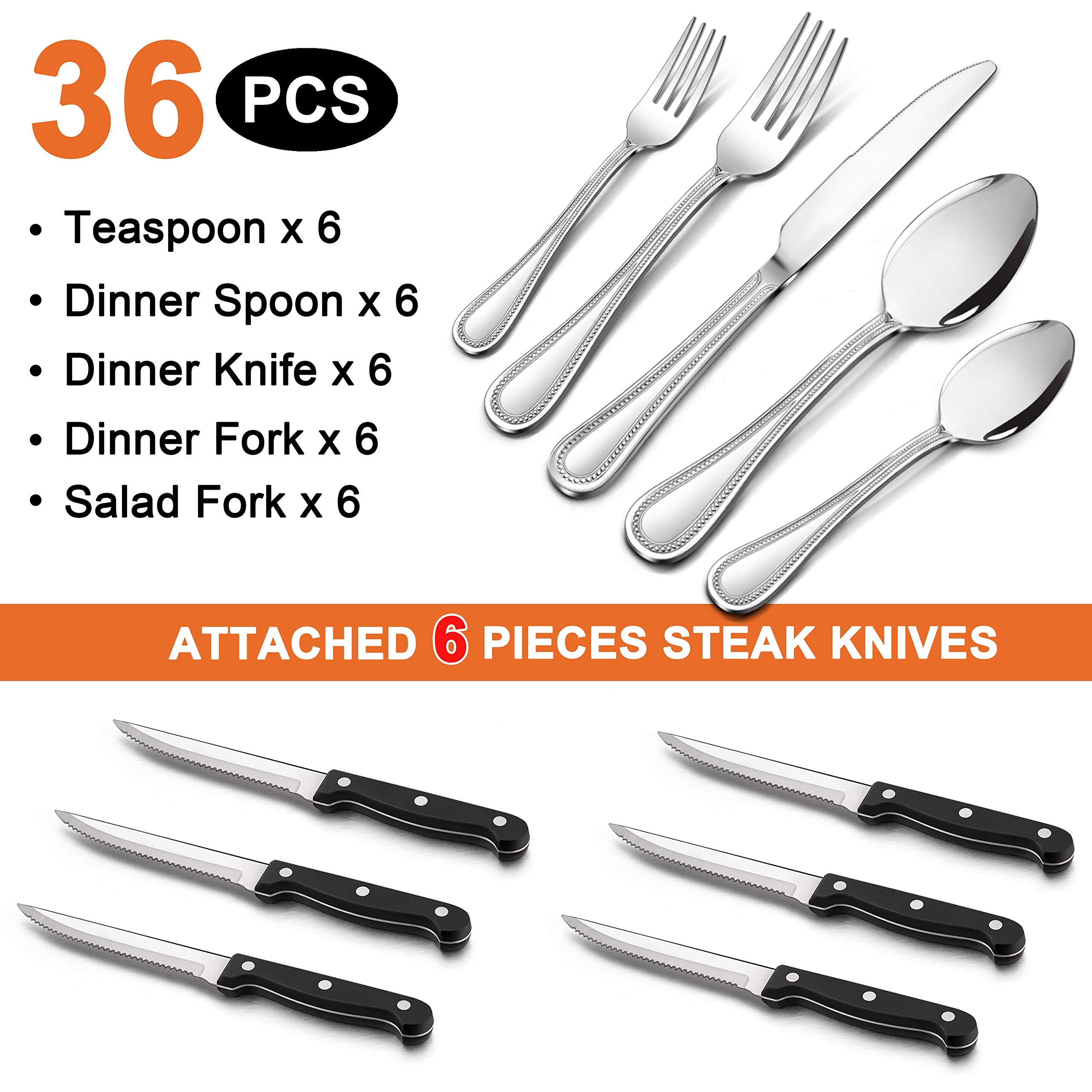 36-Piece Stainless Steel Silverware Set with Steak Knives for 6 - Elegant Beaded Edge Flatware Cutlery Set for Kitchen, Restaurant & Hotel Use - Dishwasher Safe Dining Utensils for Everyday Meals, Dinner Parties and Special Occasions