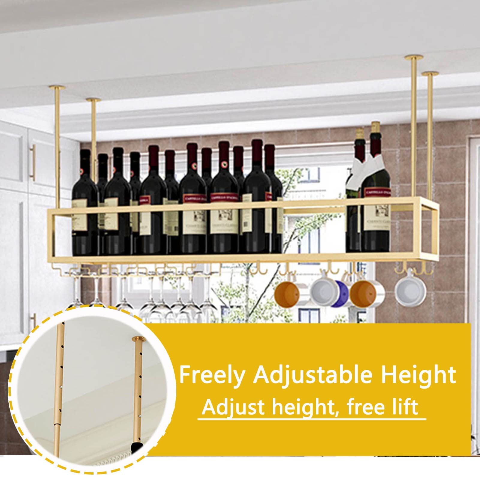 **Adjustable Metal Hanging Wine Glass Holder - 100x25x21cm Ceiling Mount Stemware Rack for Bars, Restaurants & Kitchens - Durable Wine Bottle Storage & Decorative Display for Home or Commercial Use**