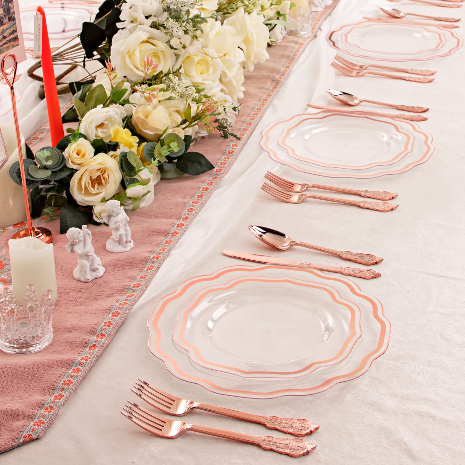 NOCCUR 150-Piece Rose Gold Plastic Dinnerware Set - 30 Dinner Plates, 30 Salad Plates, 90 Disposable Forks, Knives & Spoons - Elegant Disposable Tableware for Wedding, Birthday Party, Baby Shower & Special Events