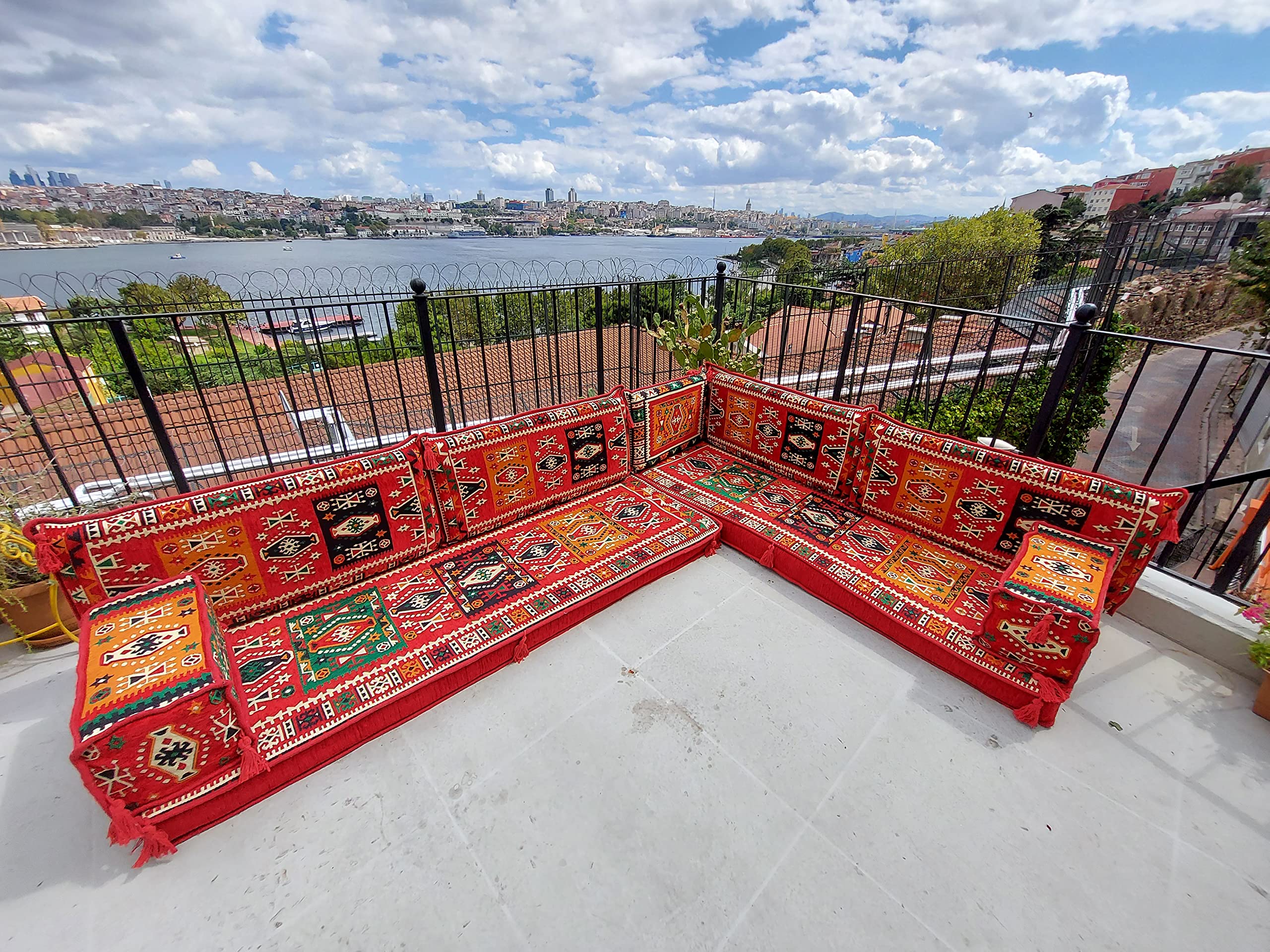 Red Orange Floor Sofa Seating Set - Arabic Majlis L-Shaped Sofa for Living Room & Garden | Oriental Floor Cushions & Couches | Perfect for Lounge, Outdoor Patio, and Cultural Gatherings
