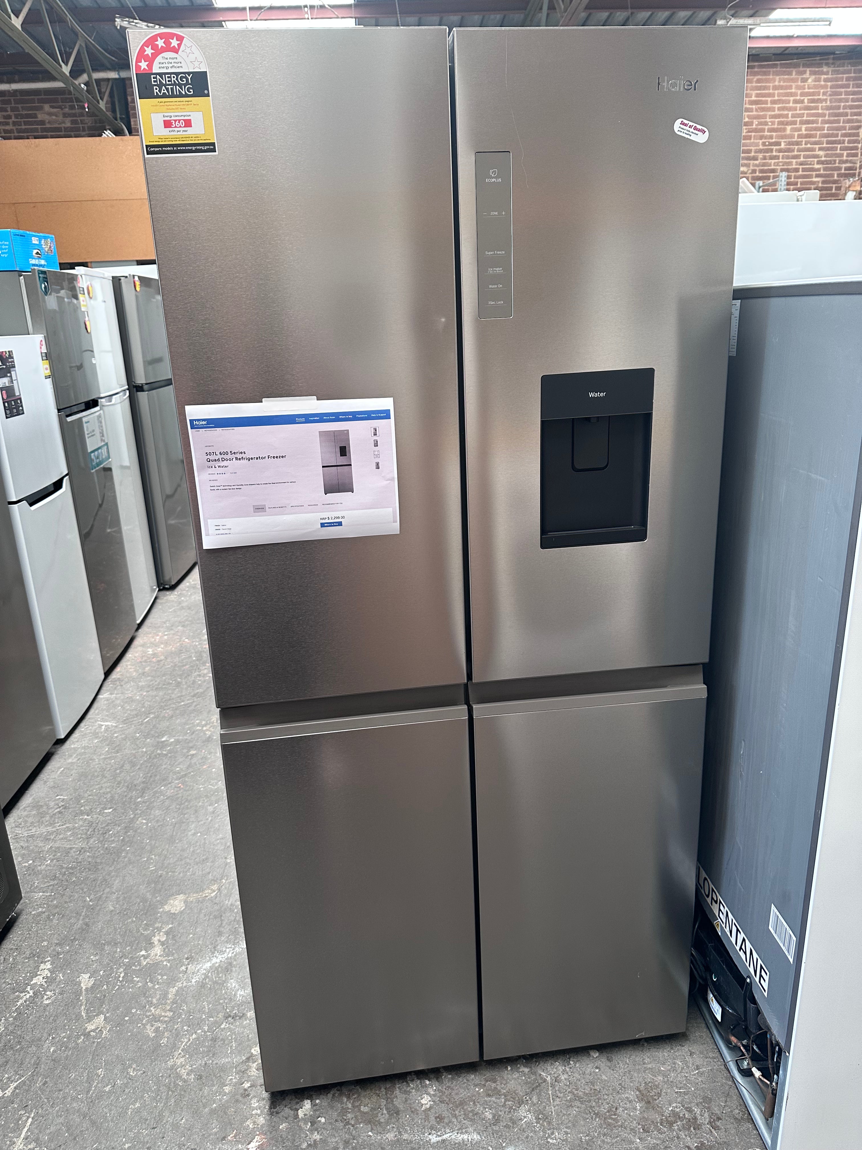 Haier 507L Quad Door Refrigerator Freezer - Stainless Steel Finish, Energy Star Certified (HRF580YPS) - Perfect for Large Families, Entertaining & Modern Kitchens [Factory Second]
