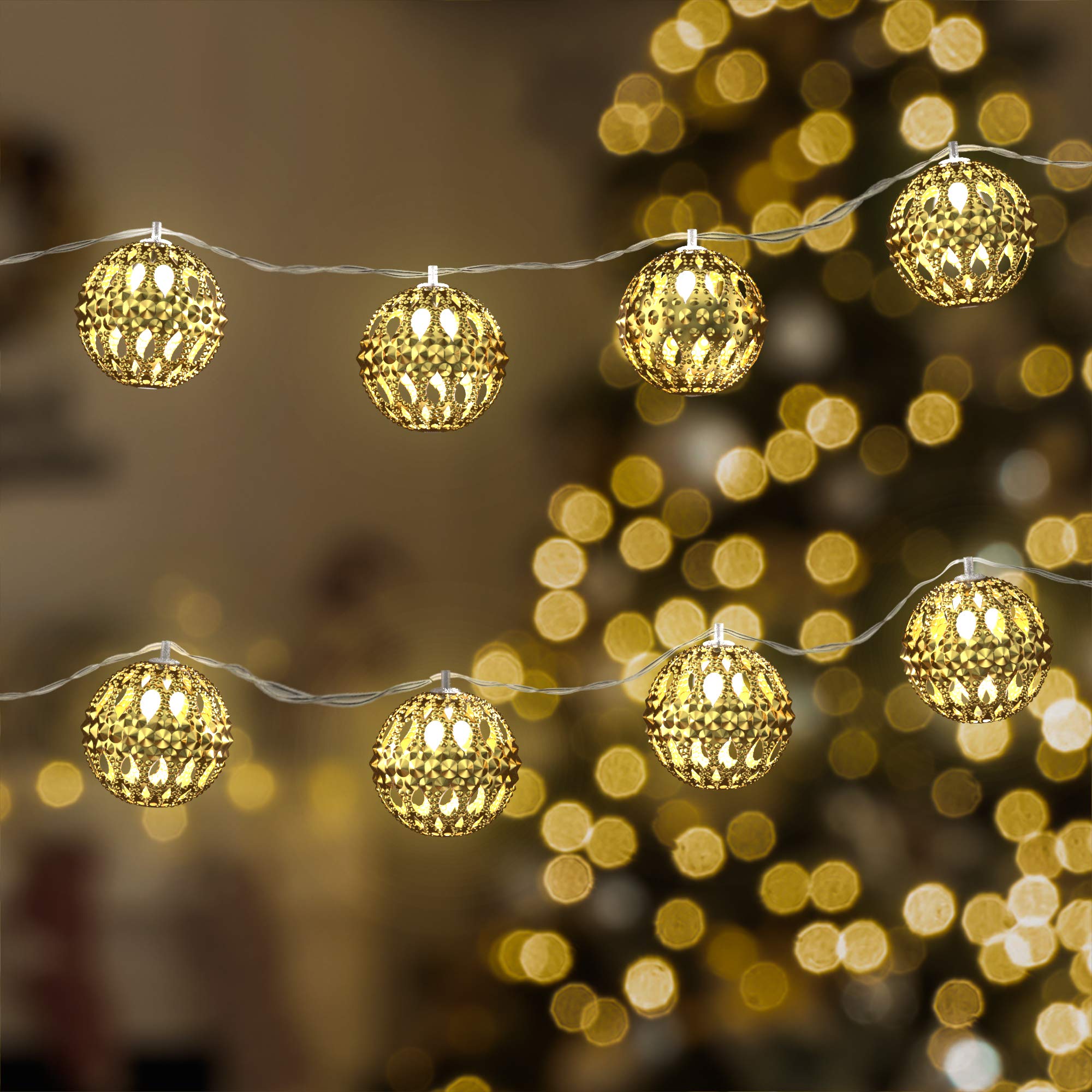 Gideon 20 LED Solar Powered Hollow Metal Ball Fairy Lights - Waterproof Holiday & Christmas String Lights for Indoor Outdoor Decor, Garden, Patio, Wedding, Party
