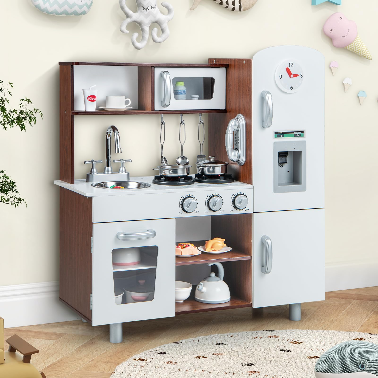 Costzon Wooden Kids Kitchen Playset with Utensils, Oven, Sink & Accessories - Pretend Play Cooking Toy for Toddlers Age 3+ (Brown) | Perfect for Imaginative Play, Birthday Gifts & Preschool Learning