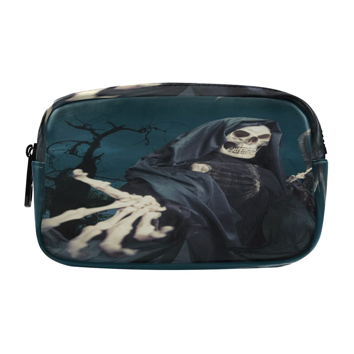 AUUXVA Waterproof Cosmetic Bag - Travel Makeup Organizer with Grim Reaper Skull Design for Girls | Portable Makeup Brush Pouch & Toiletry Case | Perfect for Halloween, Travel, and Daily Use
