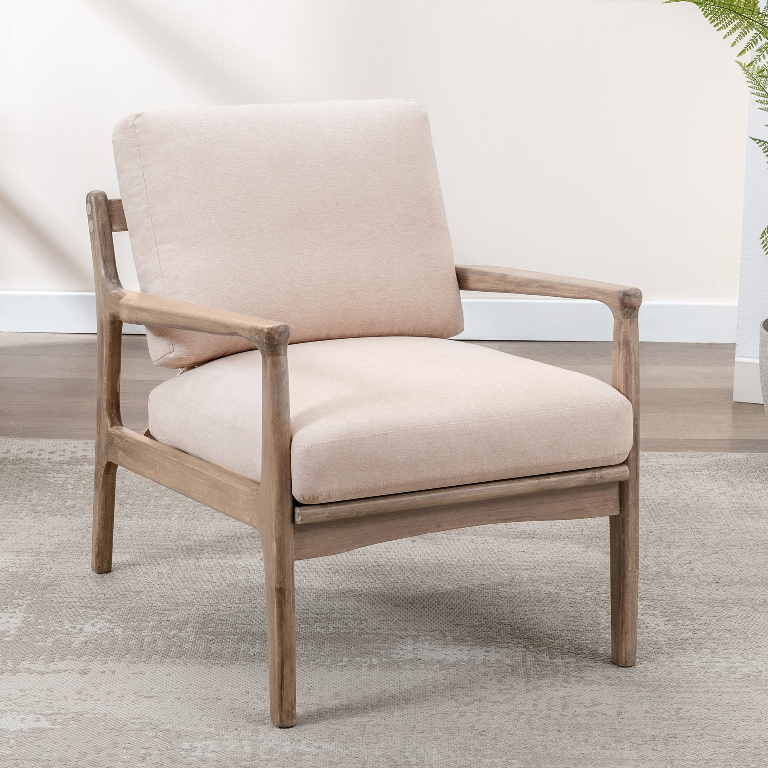 Mid-Century Modern Retro Accent Chair - Upholstered Wood Frame Lounge Armchair for Living Room, Bedroom & Office - Elegant Reading Chair in Linen Tan - Perfect for Relaxing, Reading & Home Decor