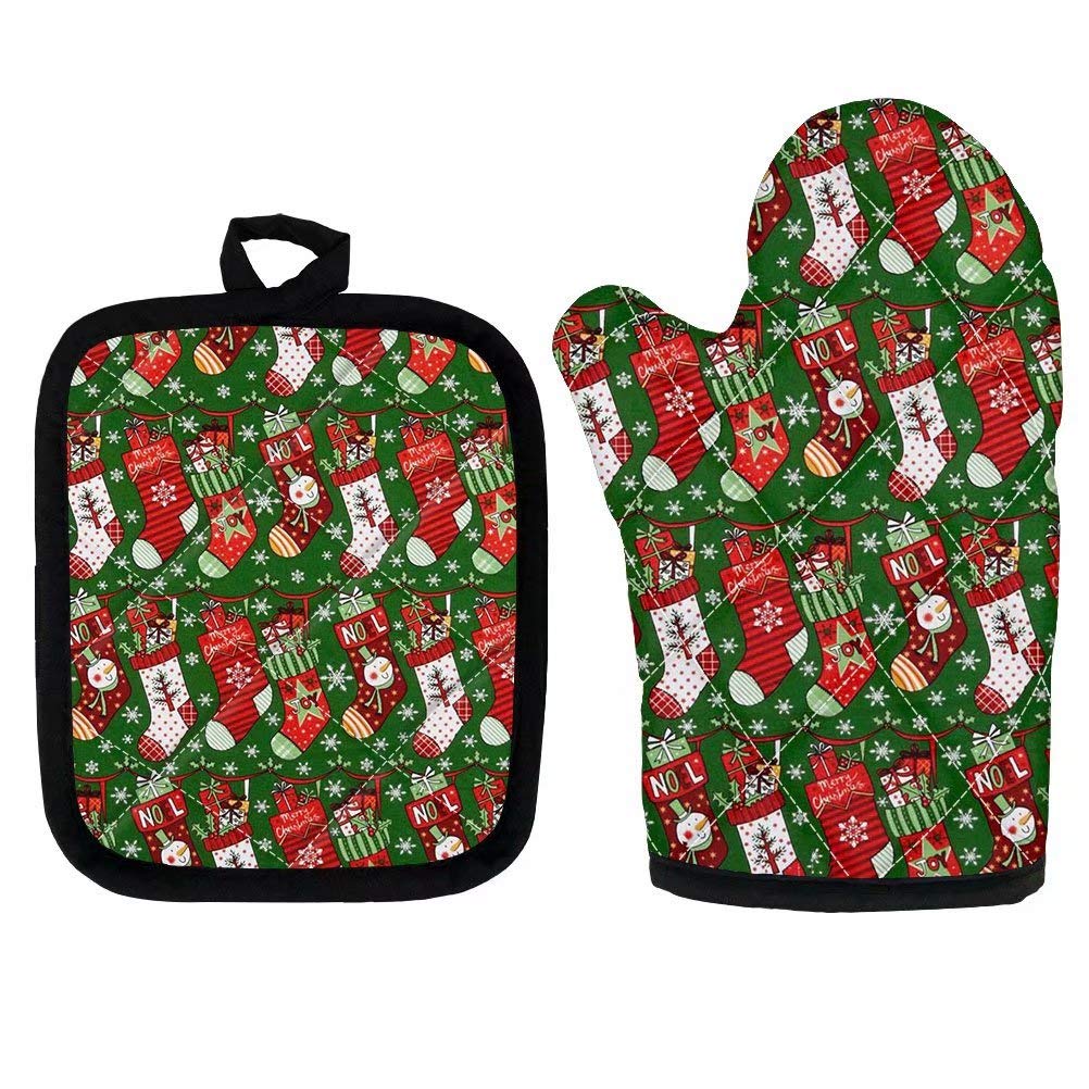 Dellukee Heat Resistant Oven Mitts and Pot Holder Set - Christmas Socks Print Kitchen Gloves for Baking, Cooking, Grilling, BBQ & Microwave Use - Perfect Holiday Gift for Home Chefs