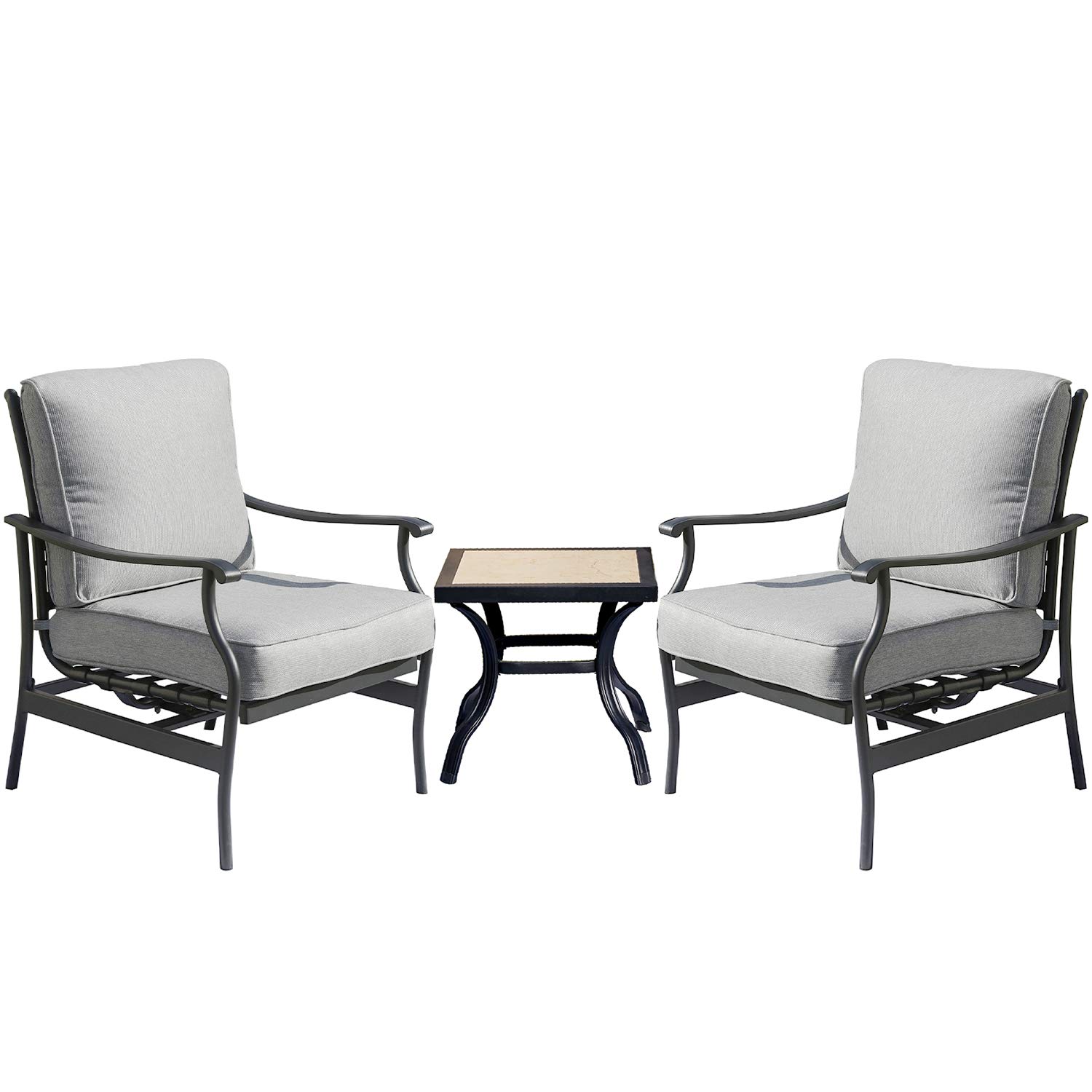 3-Piece Outdoor Patio Dining Set - Square Metal Table & 2 Armchairs with Thick Cushions - Grey Garden Bistro Furniture for Backyard, Deck, and Poolside Relaxation