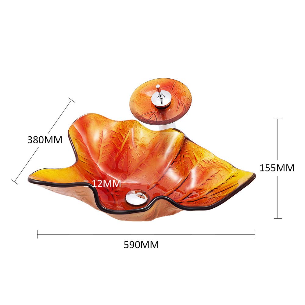 Modern Maple Leaf Shaped Tempered Glass Bathroom Vessel Sink with Waterfall Faucet - Countertop Installation, Artistic Vanity Sink with Pop-Up Drain (Orange) - Perfect for Contemporary Bathrooms, Spa Retreats & Luxury Home Decor