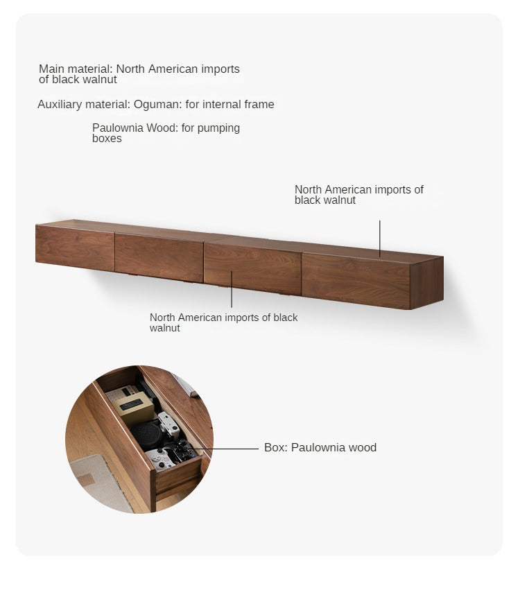 Black Walnut Solid Wood Floating TV Stand - Wall Mounted Entertainment Center for Living Room, Bedroom & Home Theater