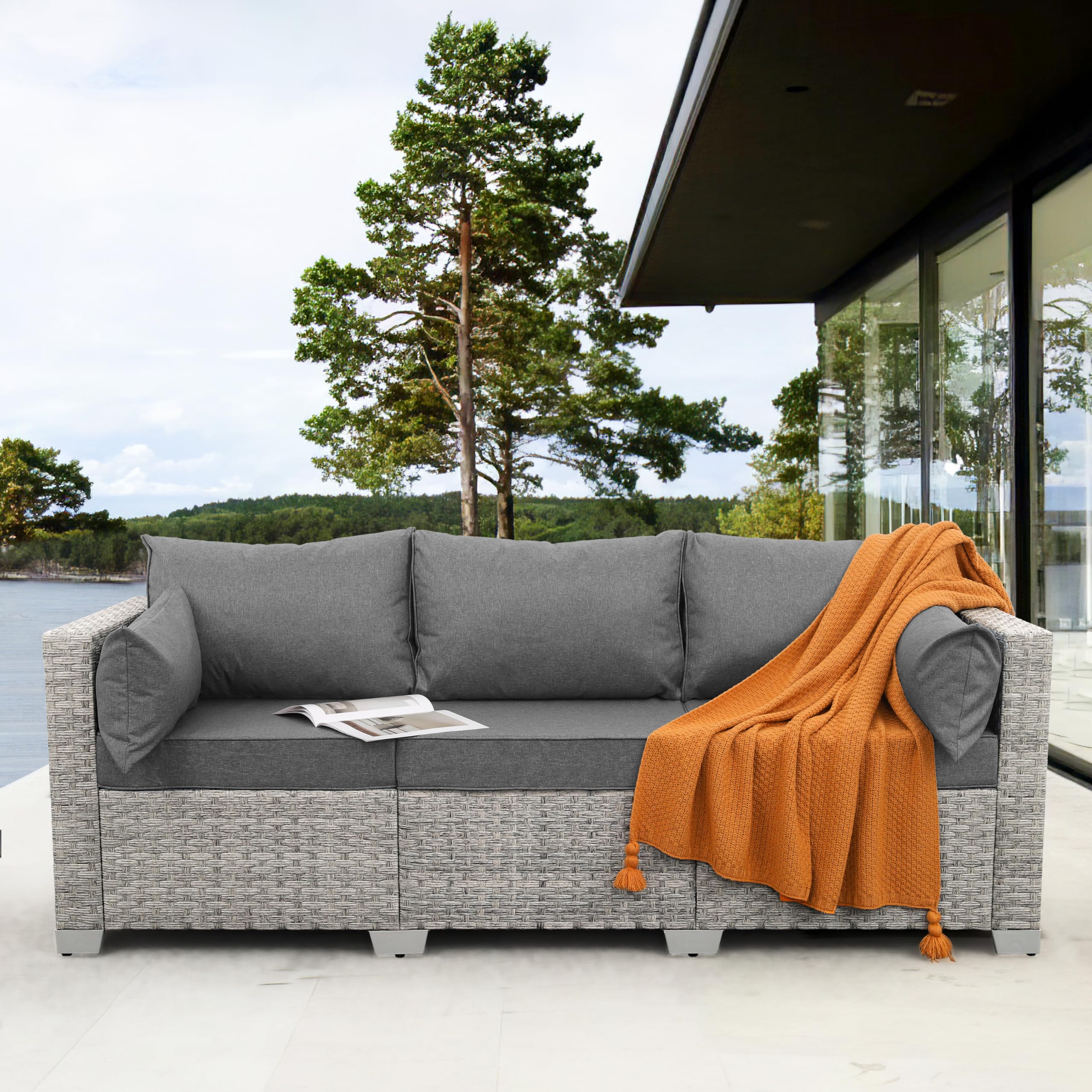 **WAROOM 3-Seater Outdoor Patio Sofa - Grey Wicker Rattan Deep Seat Couch with Cushions for Balcony, Porch, Garden & Backyard Relaxation**