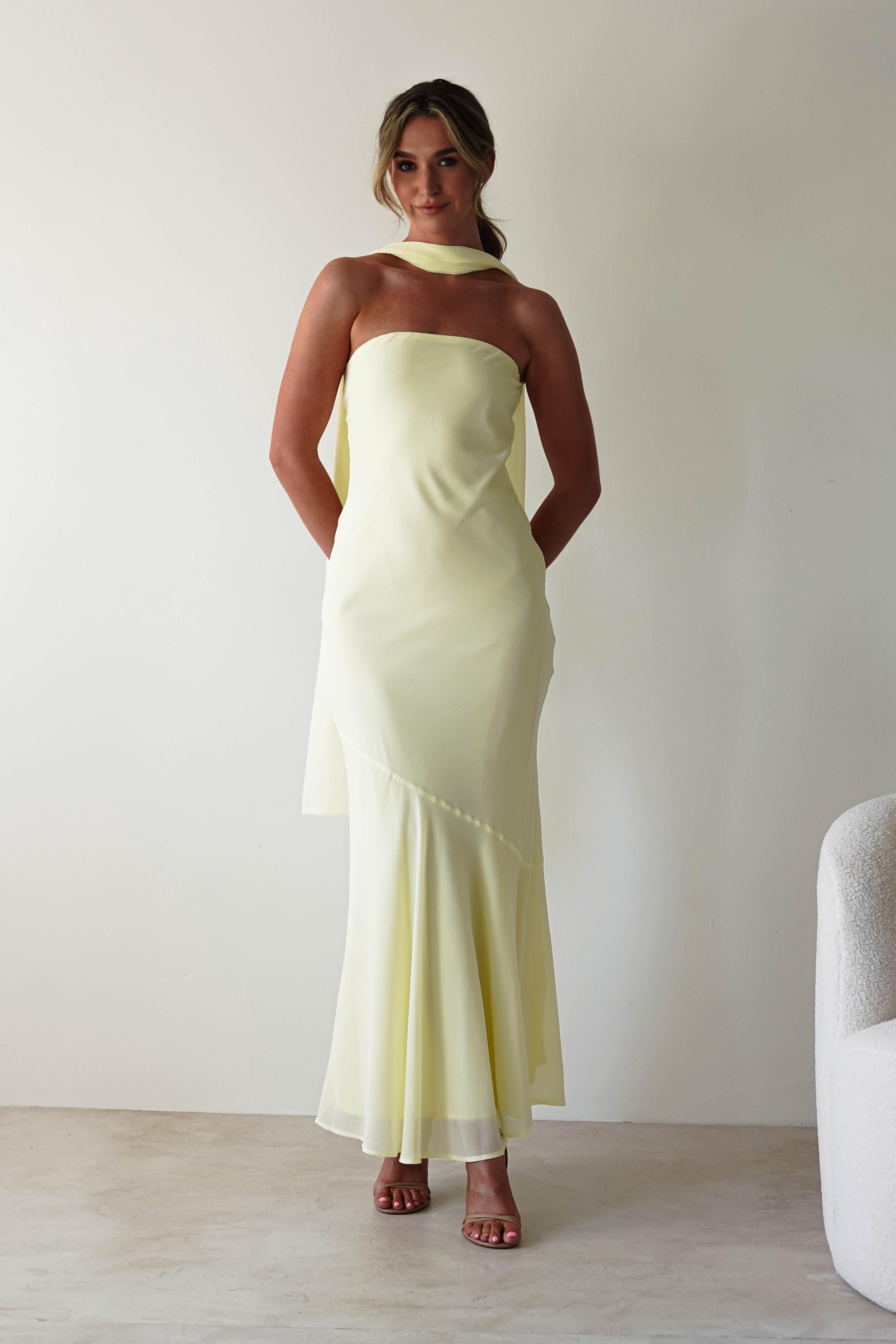 Elegant Carli Strapless Chiffon Maxi Dress in Yellow | Perfect for Summer Weddings, Beach Vacations & Evening Parties