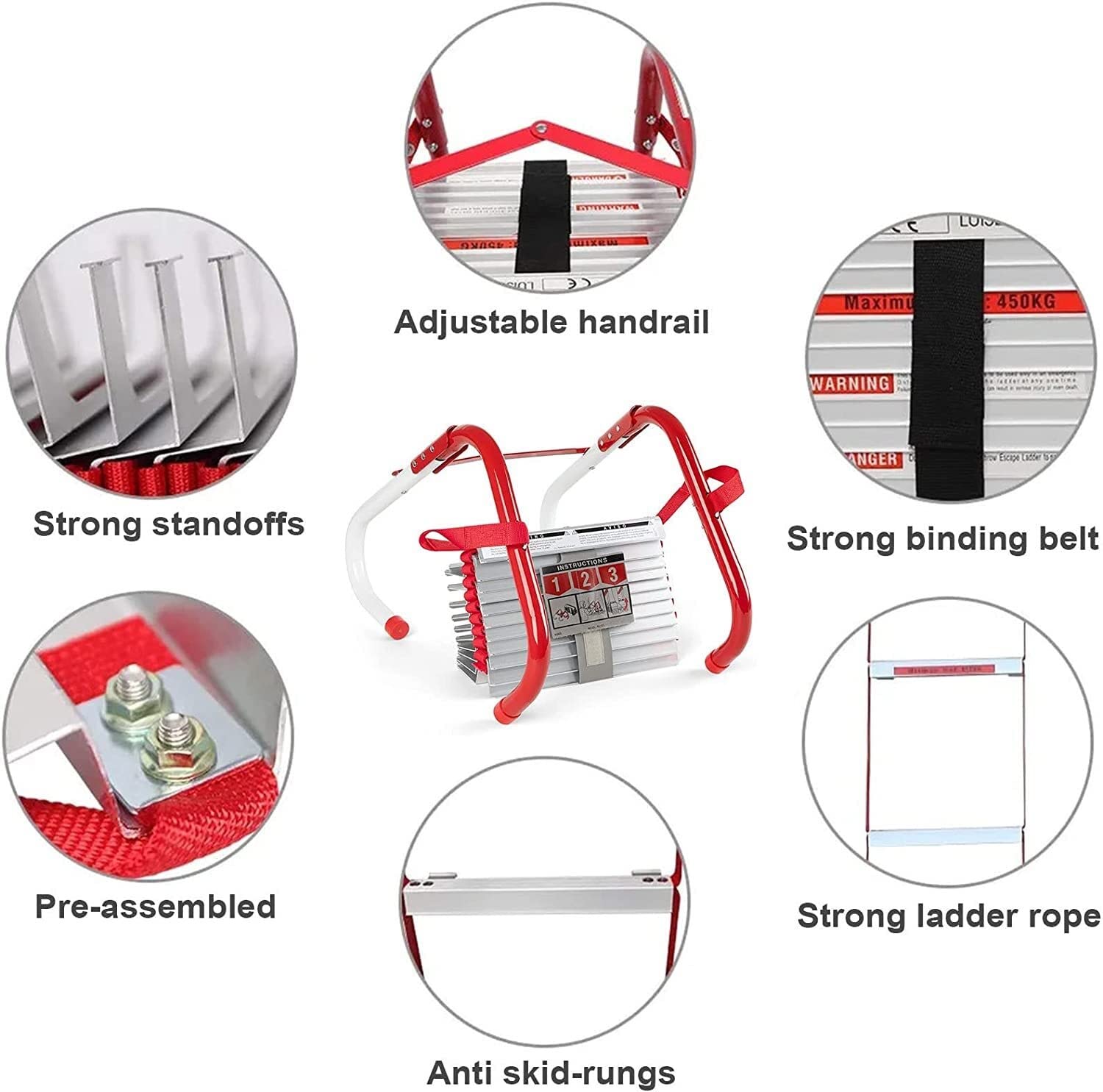 4-Story 32ft Emergency Fire Escape Ladder for Homes - Compact Safety Rope Ladder with Wide Steps, Central Support & Anti-Slip Rungs - Perfect for Indoor Fire Safety & Emergency Evacuation in Multi-Story Buildings