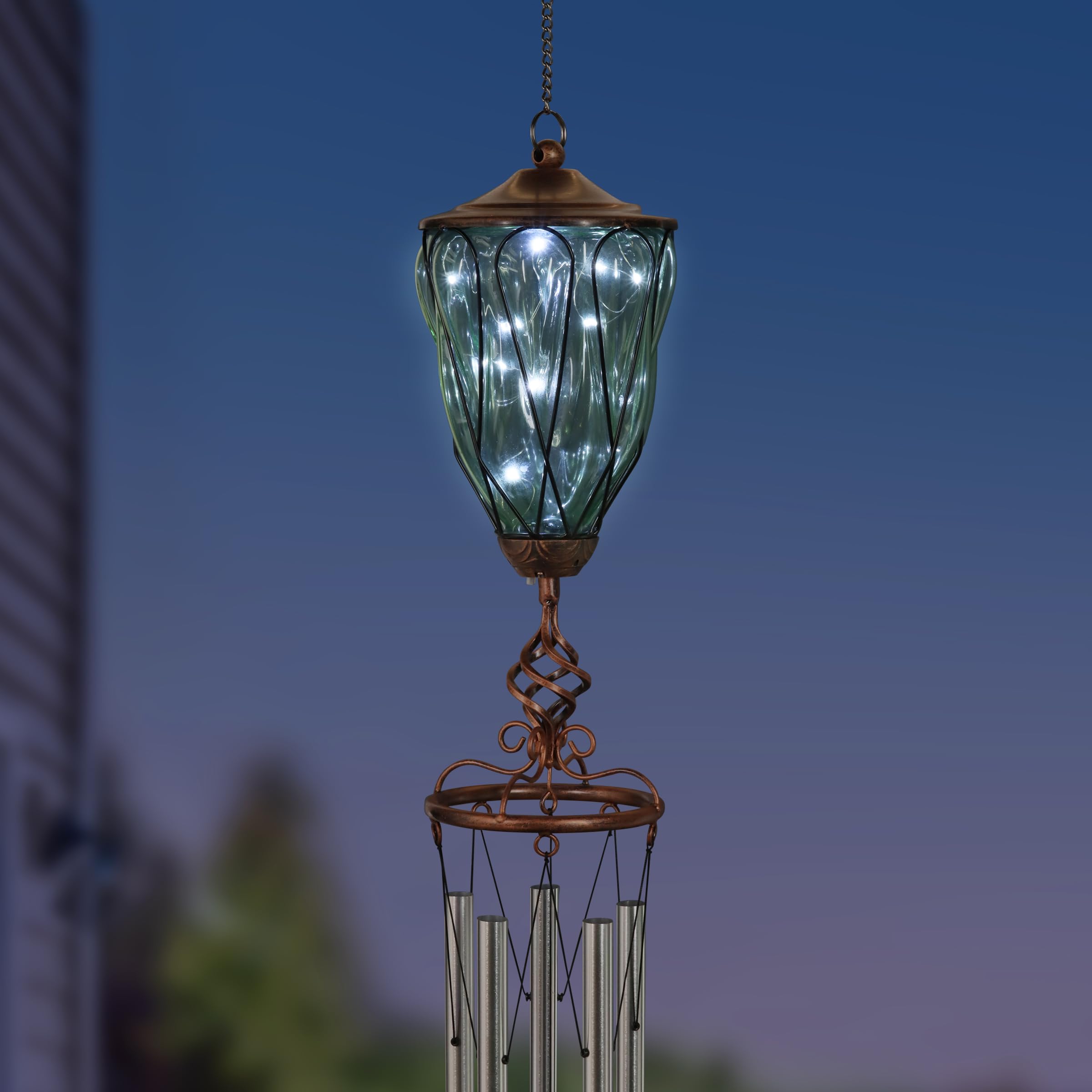 Solar-Powered Wind Chime with 9 LED Firefly Lights - Exhart Outdoor Hanging Lantern for Garden, Patio, Yard Decoration - Bronze Metal & Glass Design (6