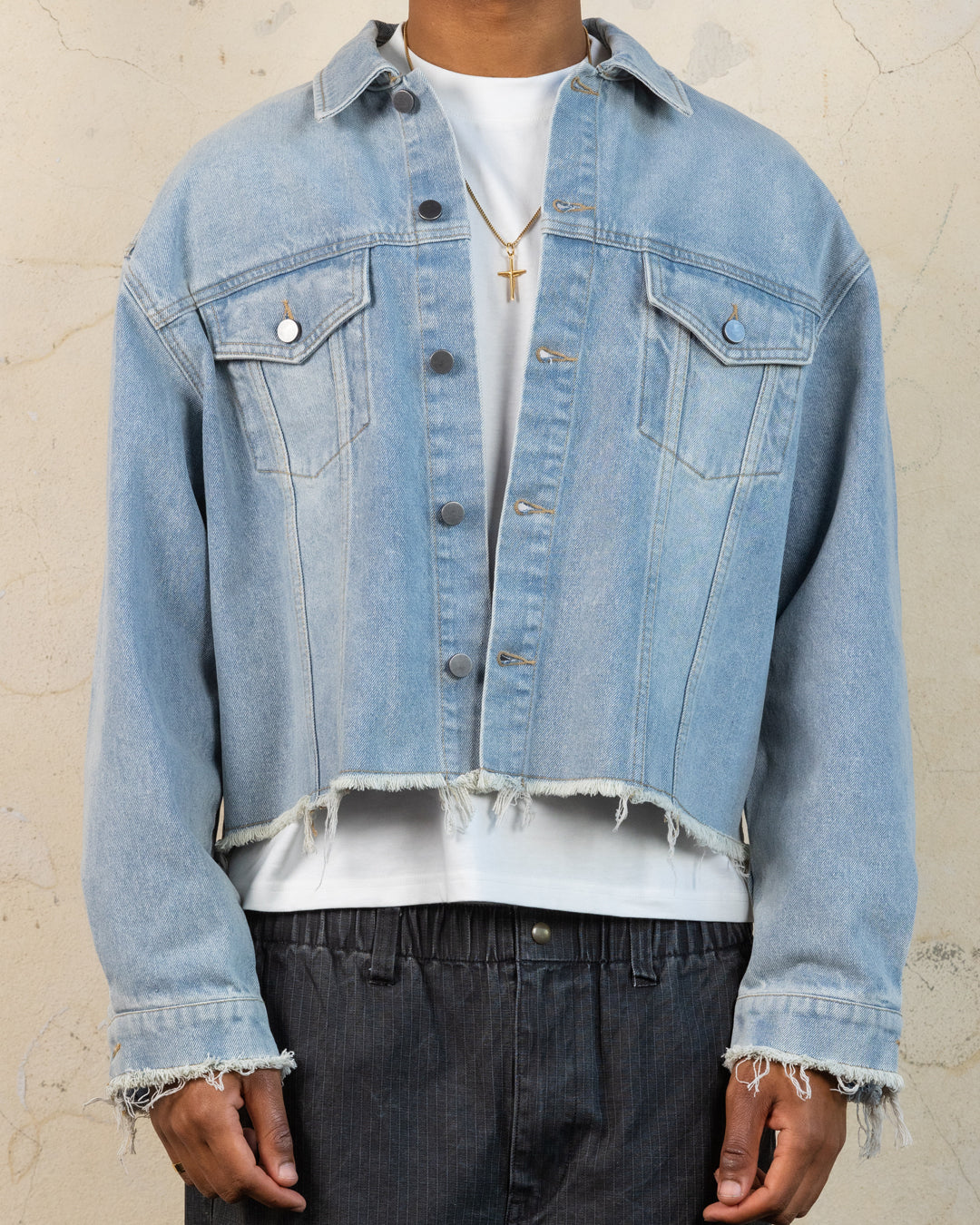404 Riptide Cropped Denim Jacket - Distressed Blue Wash | Vintage Style Women's Outerwear for Casual Wear & Street Fashion