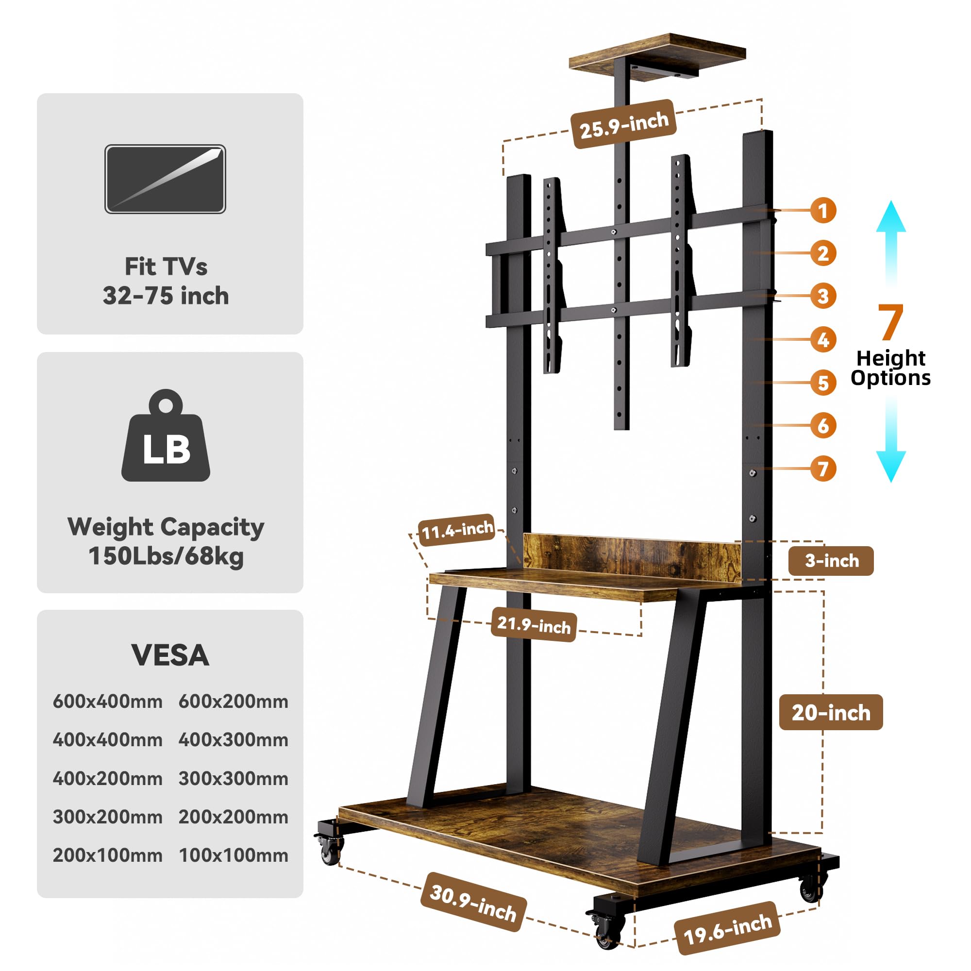 Rolling TV Cart with Lockable Wheels for 32-75 Inch TVs - Portable TV Stand with 2-Tier Storage Shelves - Heavy Duty Entertainment Center on Wheels Holds 150 lbs - Retro Style for Living Room & Bedroom - Perfect for Small Spaces & Home Theater Setup