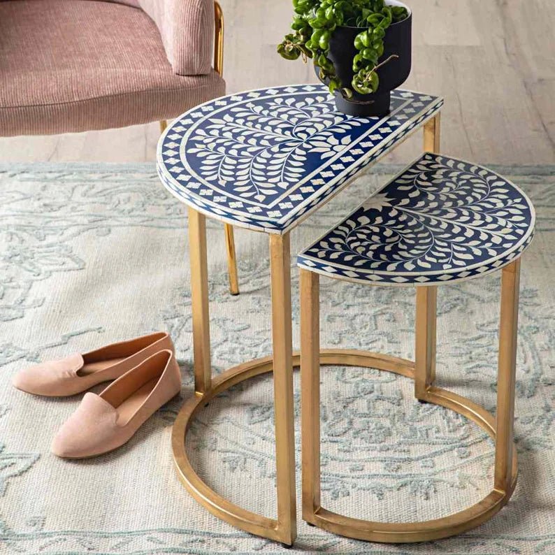 Handmade Bone Inlay Nesting Coffee Table Set - Convertible Ottoman & Side Table - Boho Chic Home Decor for Living Room, Bedroom & Office