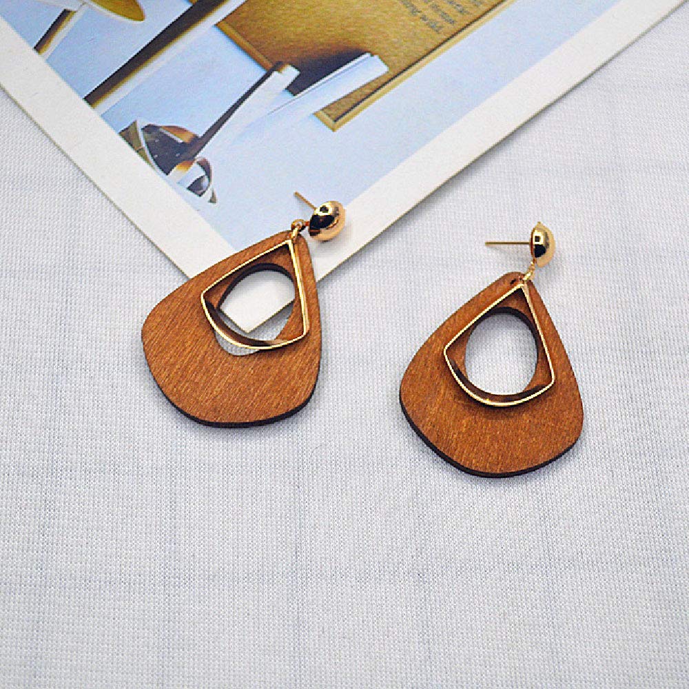 Natural Wooden Teardrop Earrings for Women - Lightweight Geometric Drop Dangle Earrings with Stainless Steel Studs | Boho Ethnic Style Wood Earrings for Everyday Wear, Parties & Special Occasions