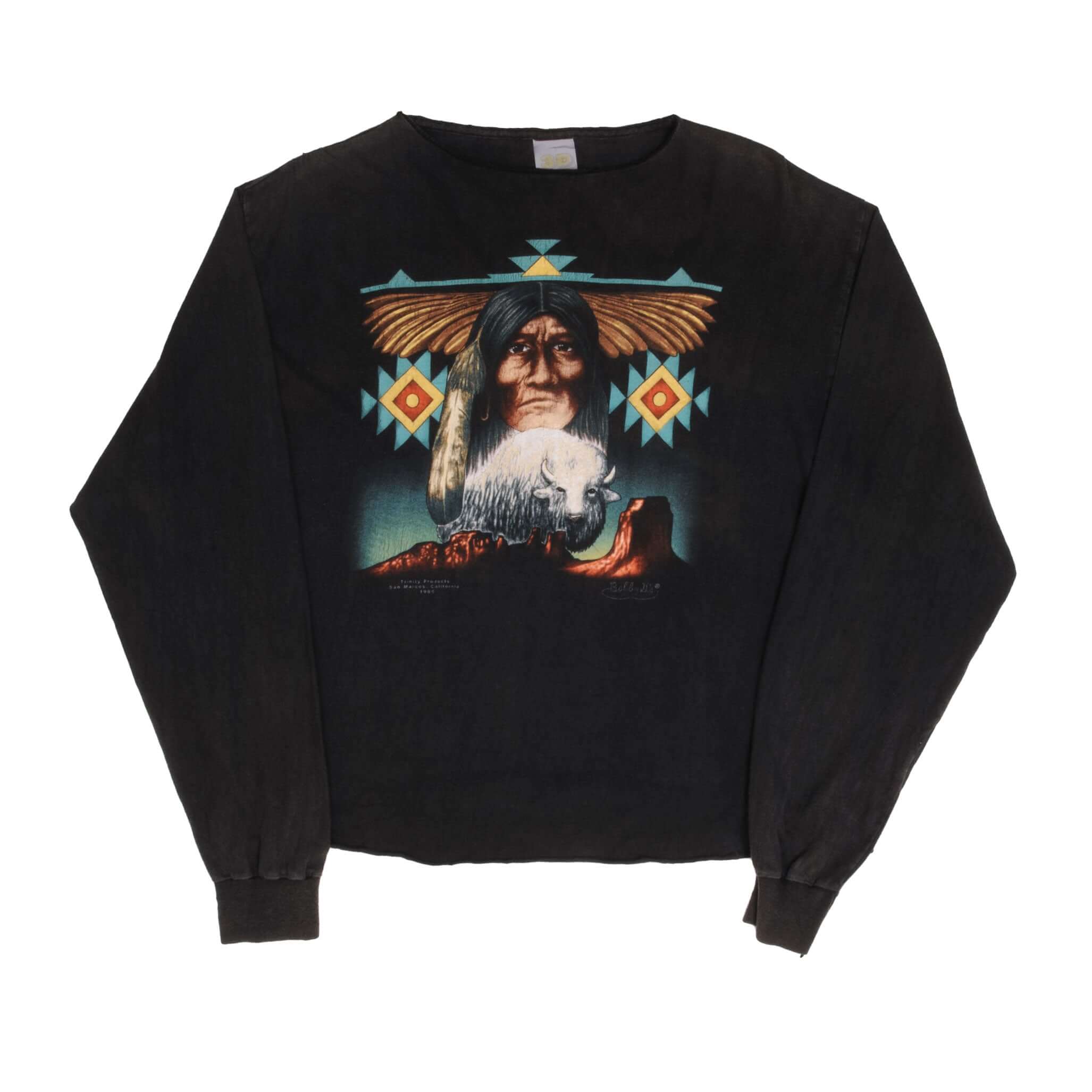Vintage 3D Emblem Indian Cropped Long Sleeve Tee Shirt 1989 Large - Made in USA - Retro Streetwear for Men & Women - Perfect for Casual Outfits, Concerts, and Vintage Fashion Lovers