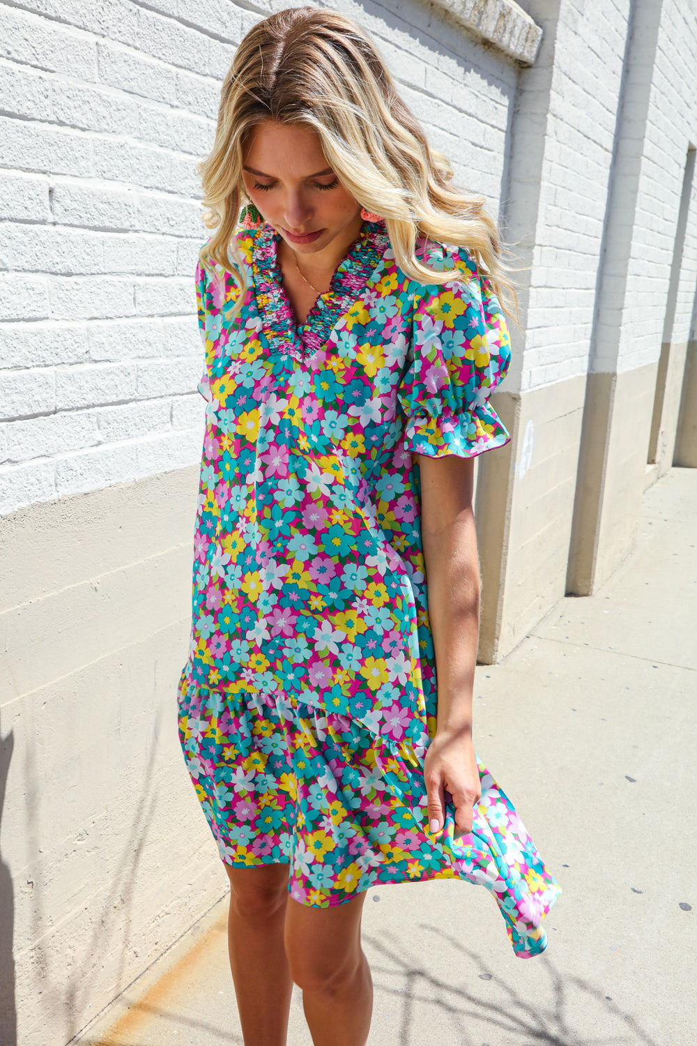 Elegant Blue Smocked Notch Neck Babydoll Floral Print Dress - Perfect for Summer Parties, Weddings & Date Nights