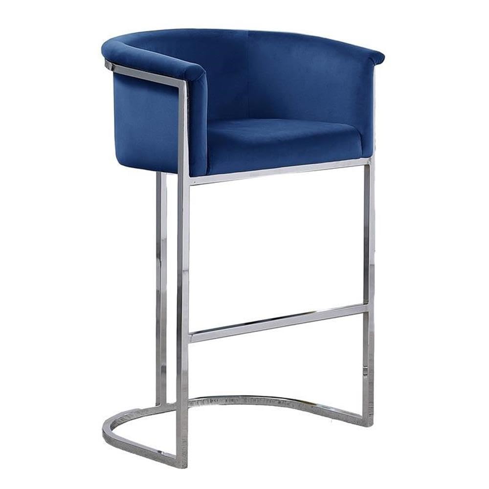 Premium Navy Blue Velvet Bar Stool with Silver Iron Frame - Adjustable Height Counter Stool for Kitchen Island, Home Bar & Breakfast Nook - Modern Dining Chair for Indoor Use