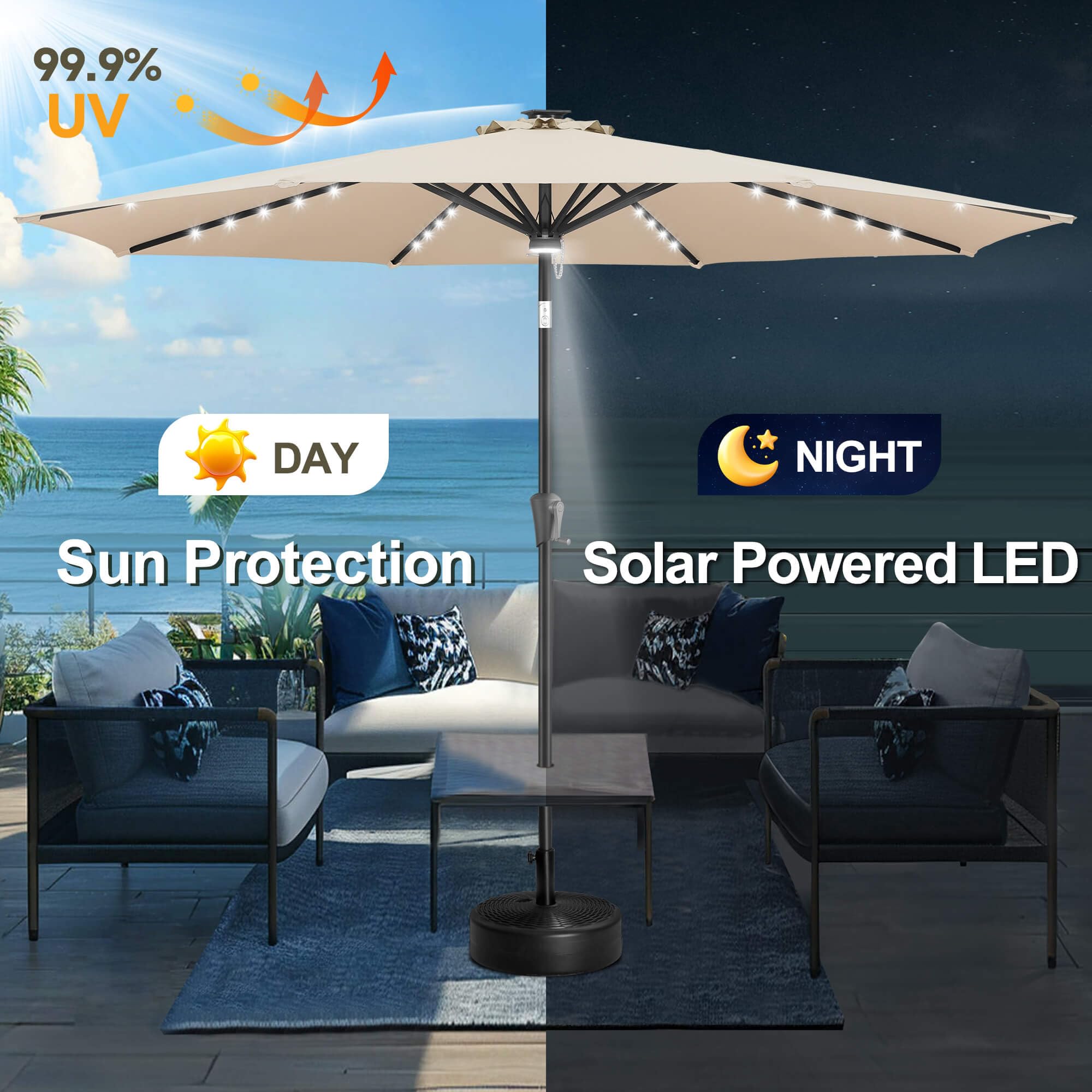 FLAME&SHADE 10 ft Solar Powered Outdoor Patio Umbrella with LED Lights and Tilt - Beige Waterproof Sun Shade for Garden, Poolside, Backyard and Beach