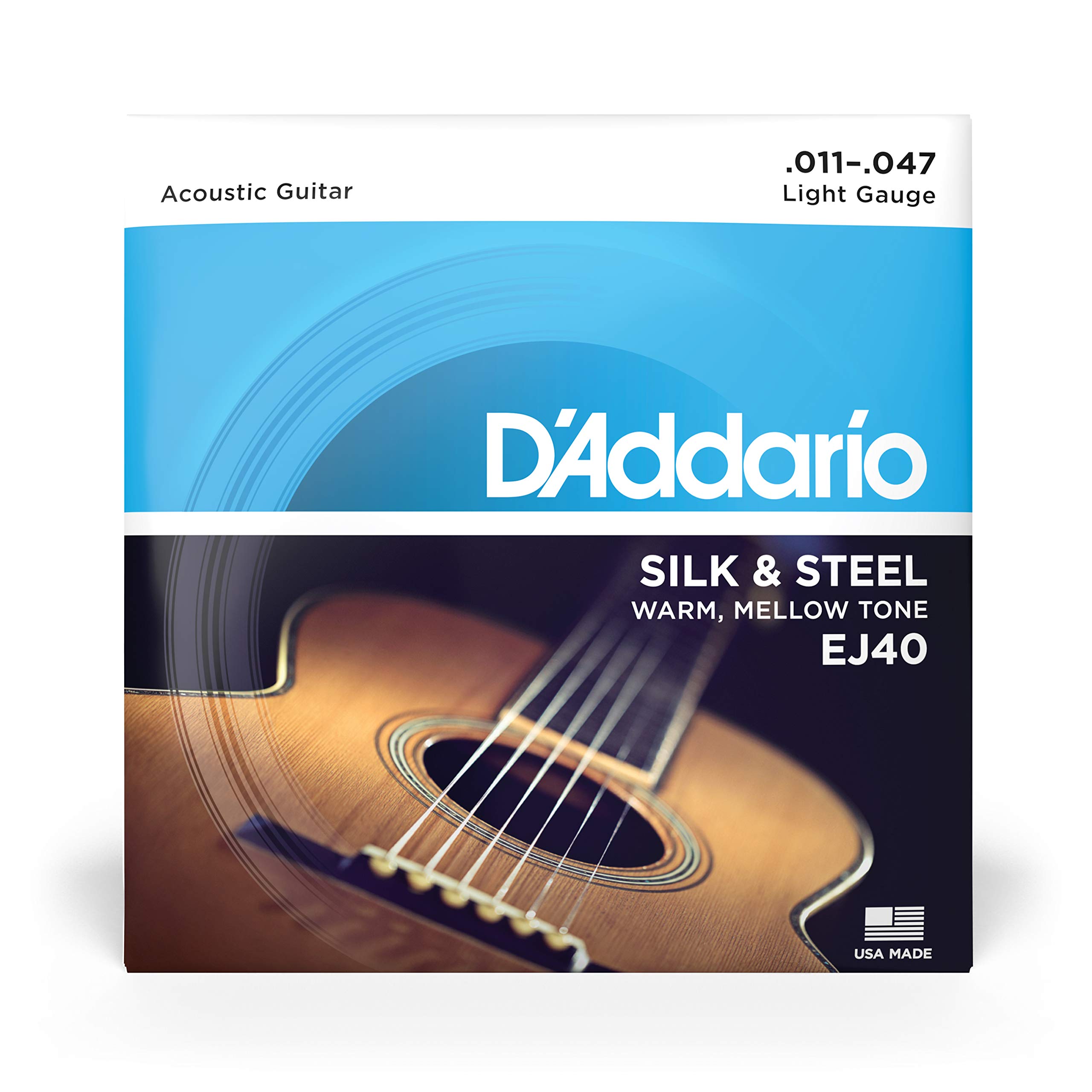 D'Addario EJ40 Silk & Steel Acoustic Guitar Strings - Light Gauge 11-47 (6-String Set) - Perfect for Folk, Blues & Fingerstyle Playing