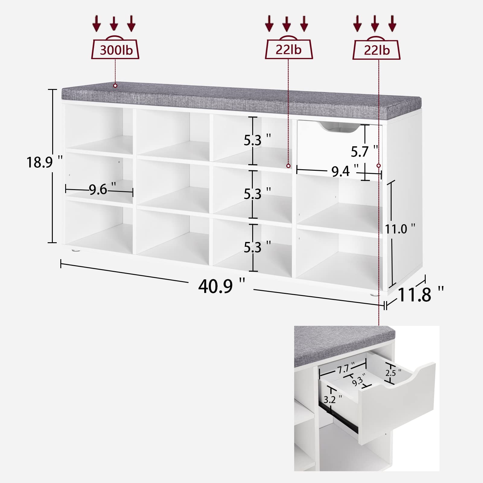DINZI LVJ Shoe Bench with Drawer & 11 Cubbies - Adjustable Shelves Shoe Organizer Cabinet for Entryway, Living Room, Bedroom, Mudroom, Closet & Garage - White - Perfect for Small Space Organization & Shoe Storage Solutions