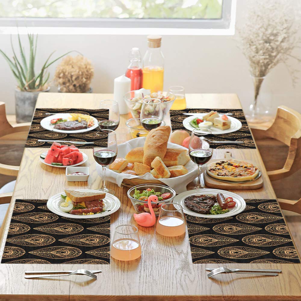 Moslion Peacock Place Mats Set of 4 - Retro Paisley Black Brown Peacock Feather Cotton Linen Table Mats 12x18 Inch for Dining Table, Kitchen, Dinner Party & Home Decor