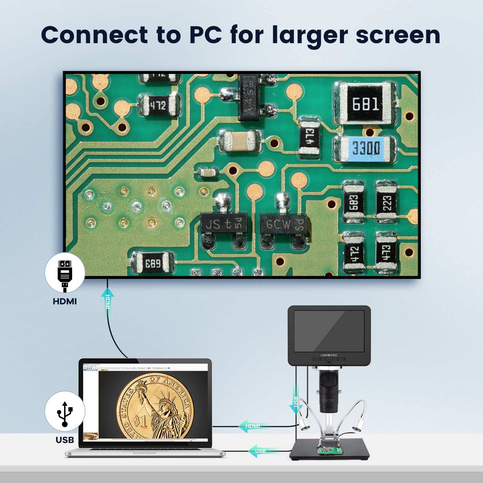 Andonstar AD246SM 2000X UHD 2160P HDMI Digital Microscope - Professional PCB Soldering & Electronics Repair Tool for Phone, Watch, Coin Inspection - Ideal for Hobbyists, Jewelers & Biology Labs