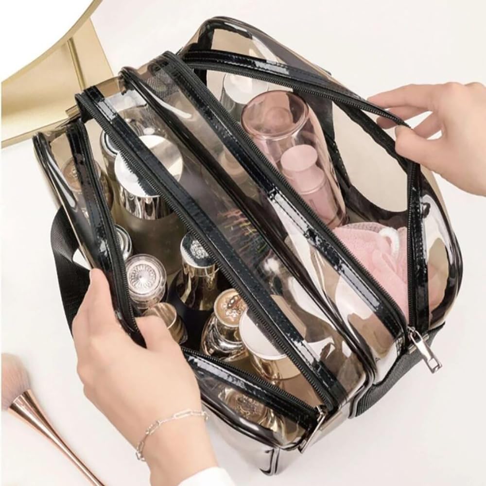 WEISIPU Large Waterproof Clear Travel Toiletry Bag - Transparent Makeup Organizer with Double Zipper - TSA Approved Carry-On Cosmetic Case for Men & Women (Stylish Black Trim) - Perfect for Air Travel, Gym & Weekend Getaways