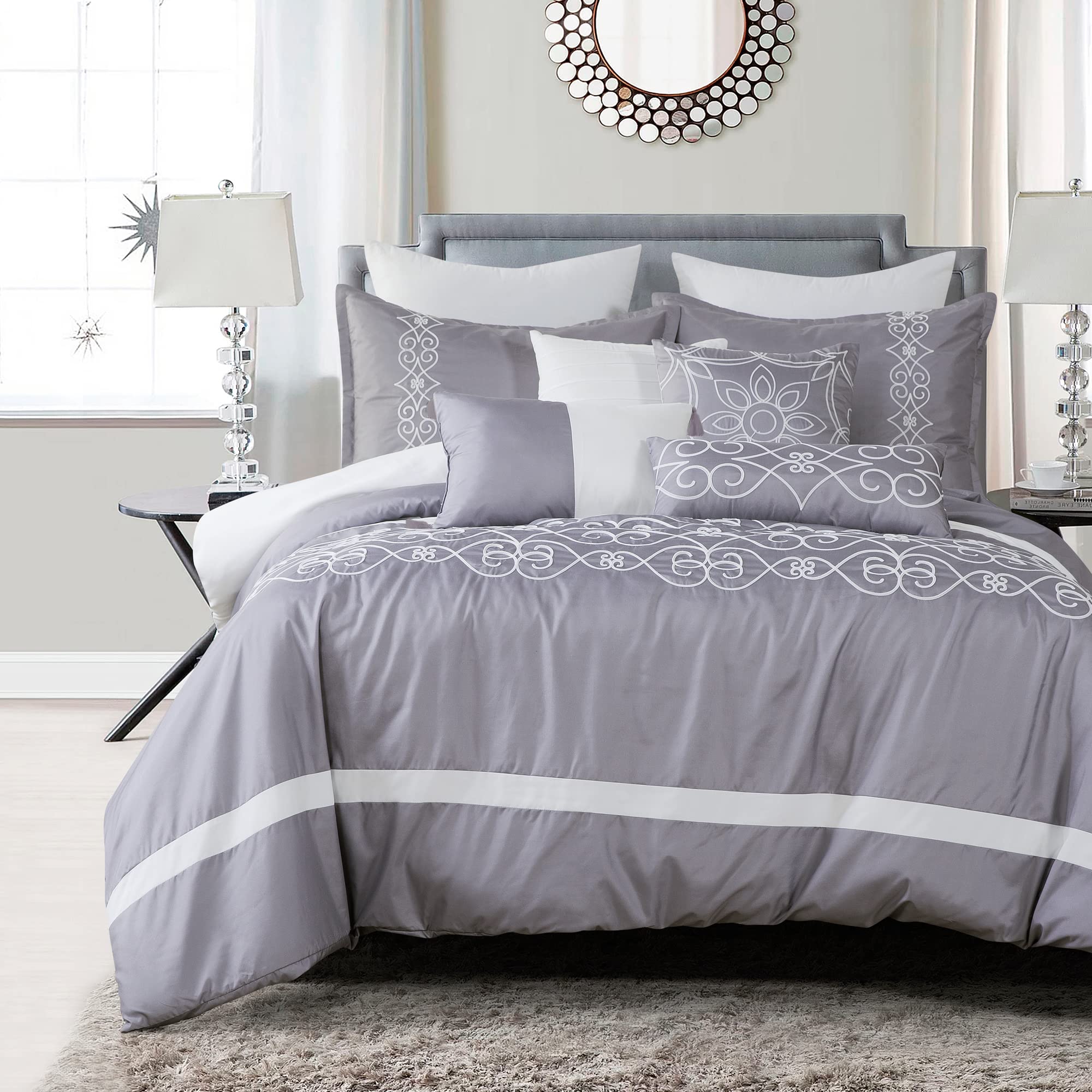 ESCA 7-Piece Levora Boho Lavender Purple Comforter Set with Embroidery - King/California King Size Bedding for Bohemian Bedroom Decor