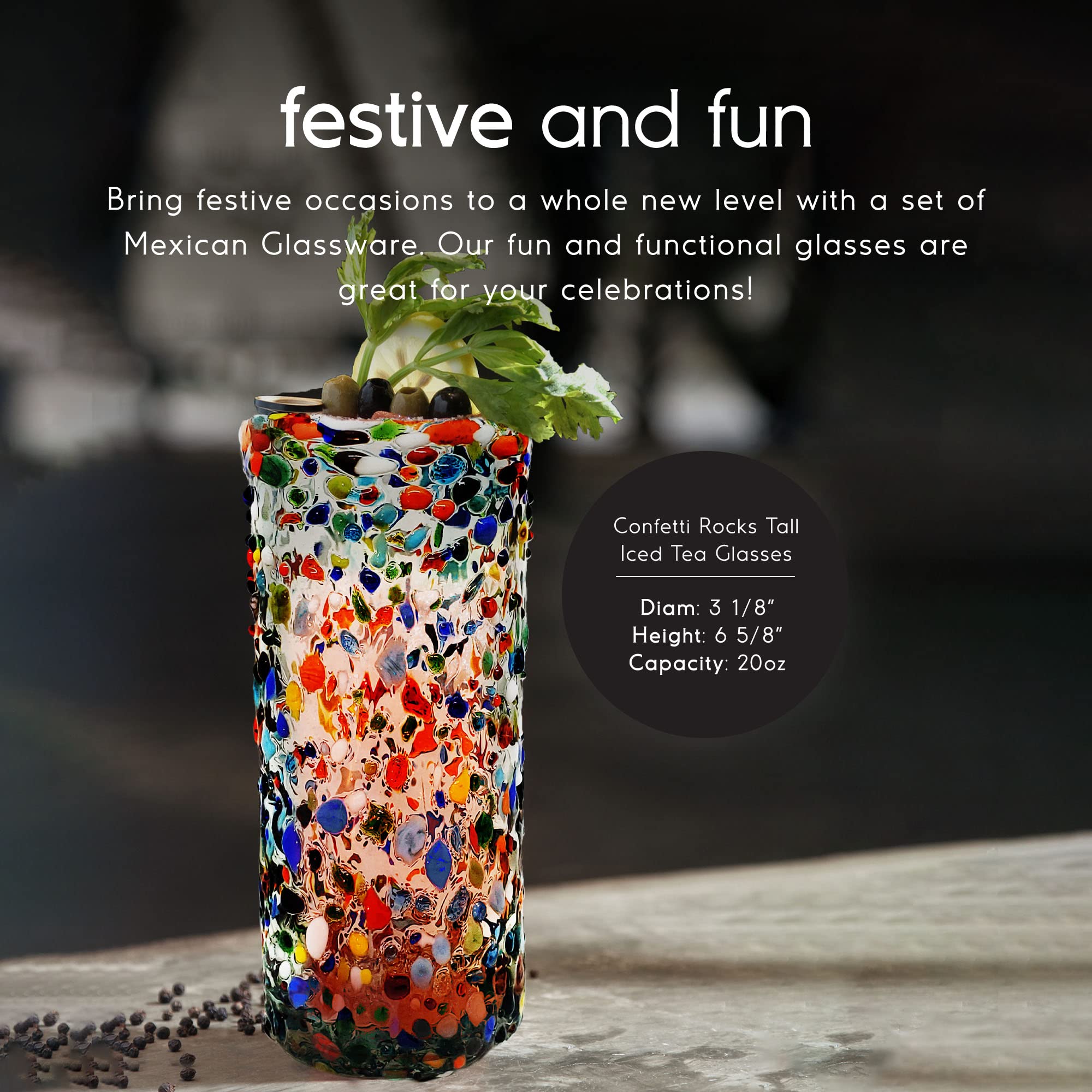 Colorful Confetti Rocks 20 oz Tall Iced Tea Glasses - Set of 6 Handmade Mexican Multicolor Recycled Glass Cups - Lead Free & Non-Toxic Drinkware - Perfect for Summer Parties, Margaritas, and Iced Beverages
