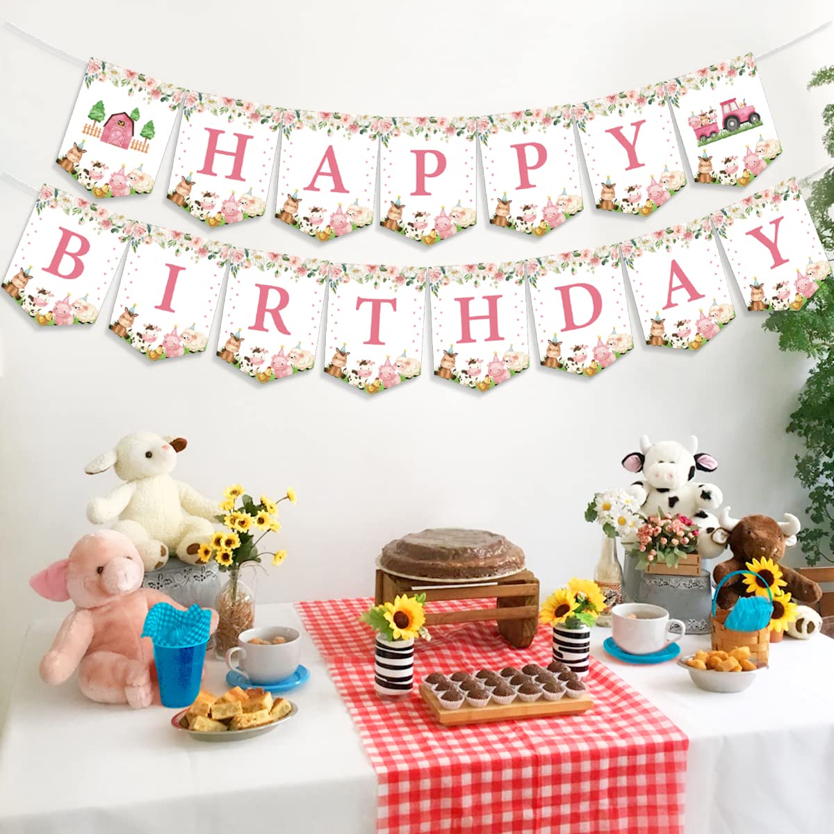 Farm Animal Birthday Banner - Pink Cow, Tractor & Barnyard Themed Party Decor for Girls | Perfect for Baby Showers, Farm Theme Parties & Birthday Celebrations