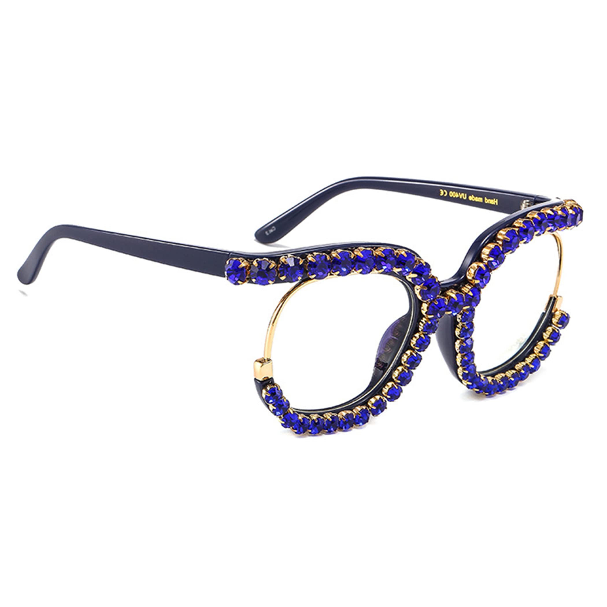 Vintage Fashion Women's Half-Rim Round Reading Glasses with Crystal Trim & Jeweled Frame - Costume Eyewear for Reading, Cosplay, and Retro Style Outfits