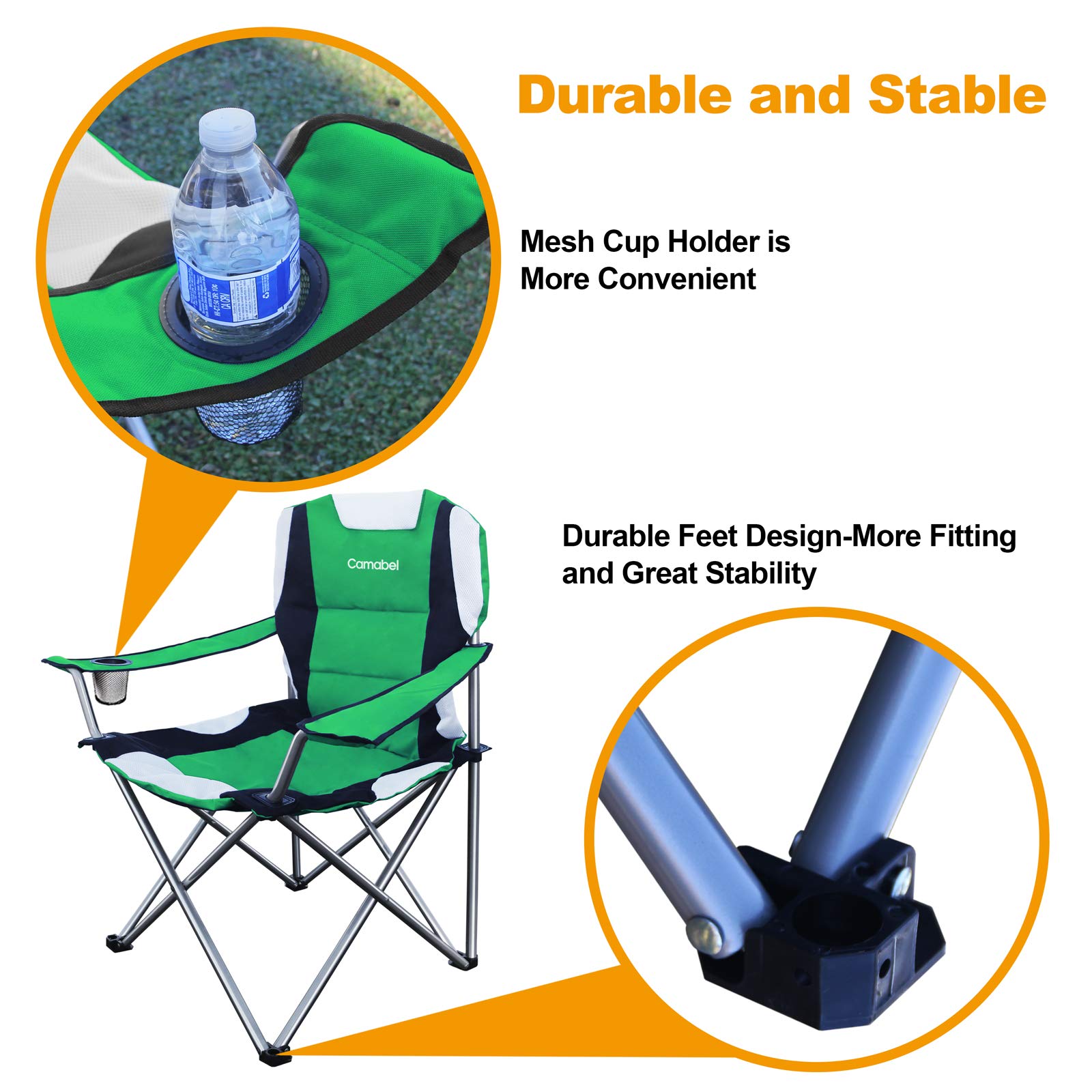 Camabel Heavy Duty Folding Camping Chair - 400lbs Capacity, Extra Large Padded Outdoor Lawn Chair for Beach, Hiking, Fishing, BBQ & Sports Events - Lightweight Portable with Storage Bag & Cup Holder (Green) - Perfect for Backyard, Picnics, Tailgating & Camping
