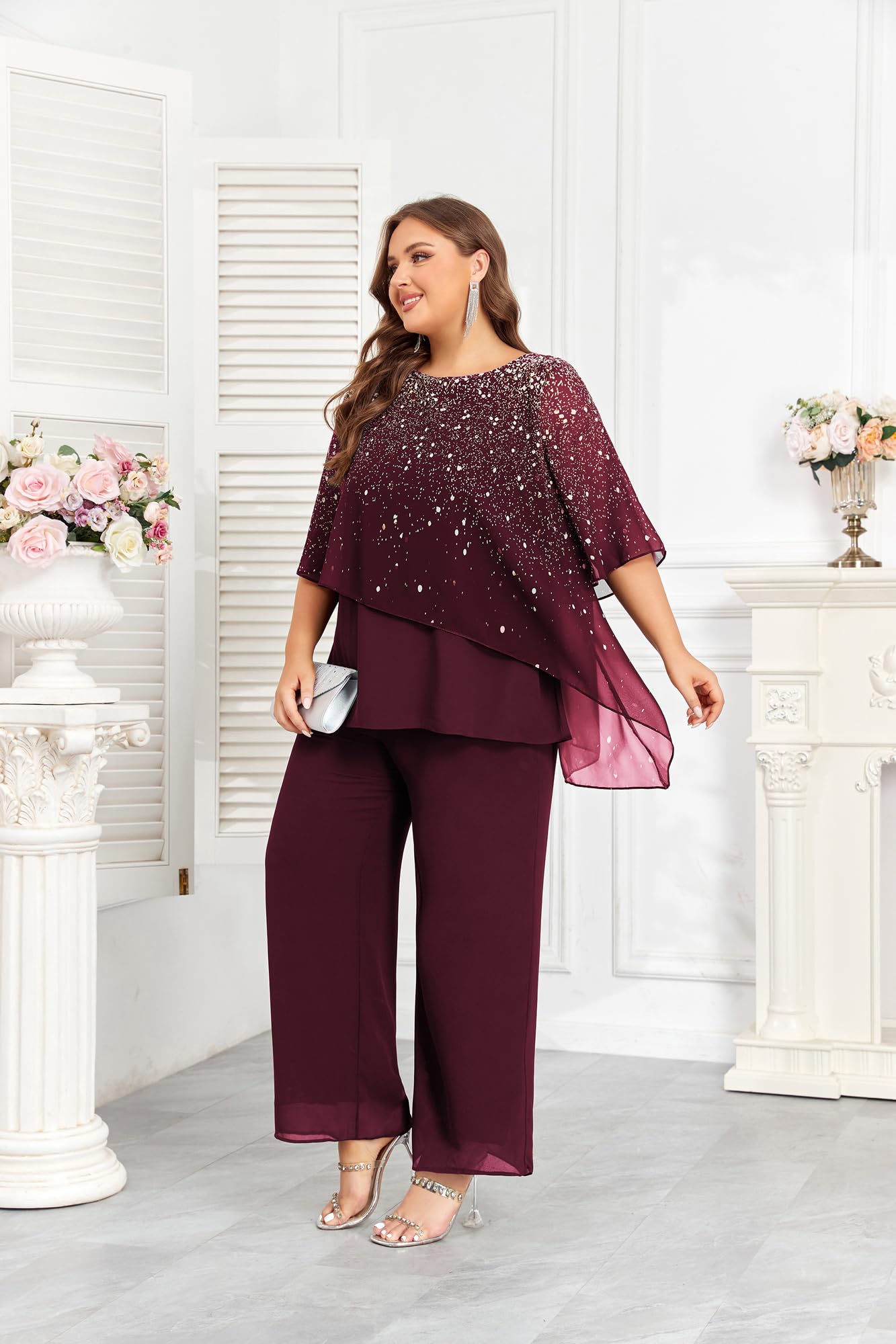 2024 Plus Size Mother of Bride Pant Suits 2-Piece Set - Elegant Ruffle Layers & Gradient Chiffon Outfit for Wedding Guest (Available in Sizes 14-28) | Perfect for Weddings, Parties & Special Occasions