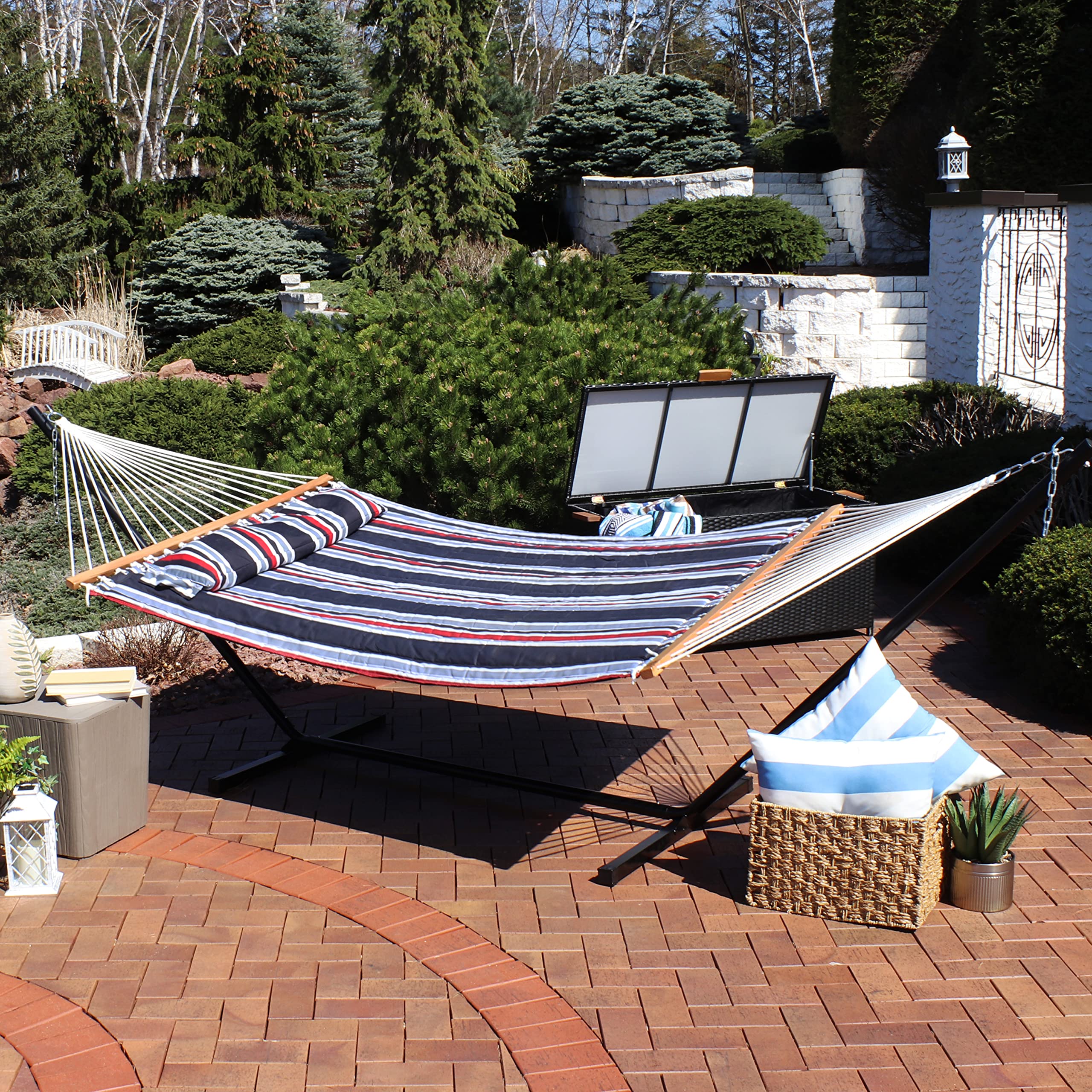 Sunnydaze Quilted Double Hammock with Stand for Outdoor Use - 350lb Capacity 2-Person Hammock with 12-Foot Steel Stand - Nautical Stripe Design - Perfect for Backyard, Patio, Beach & Camping Relaxation