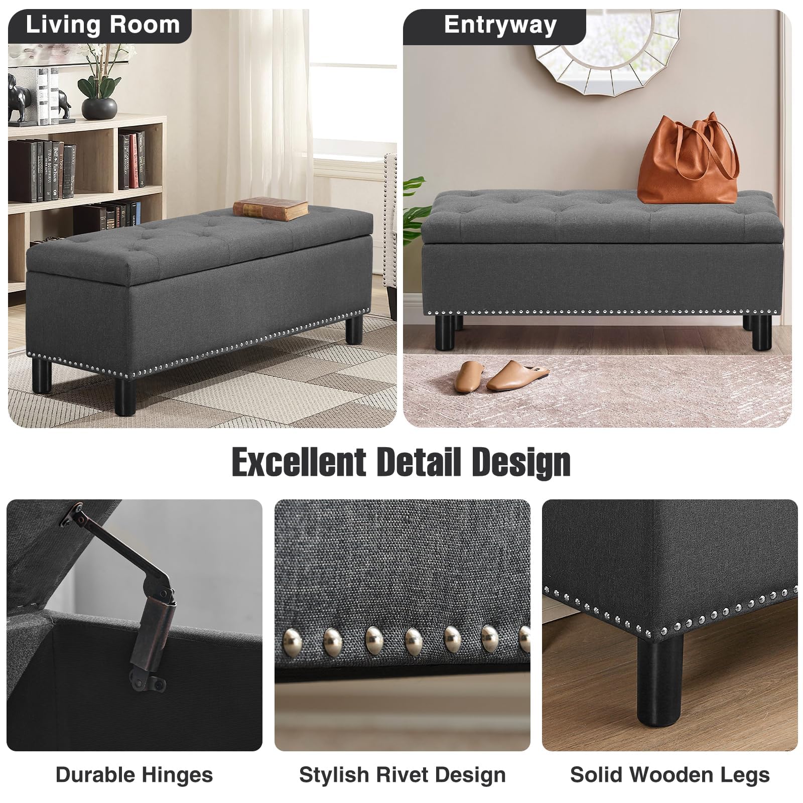 Furniliving Storage Ottoman Bench with Wood Legs - Foldable Upholstered Button-Tufted Entryway Bench for Bedroom, Living Room & Hallway - Dark Grey Linen Fabric (Multi-Functional Seat & Storage Solution)